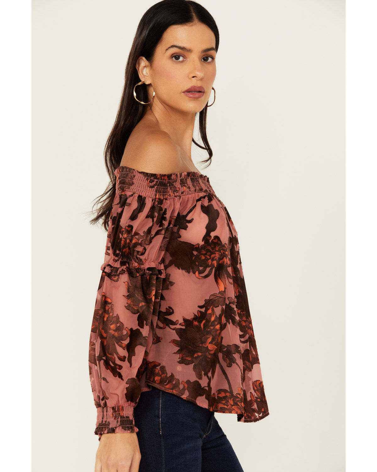 Shyanne Women's Burnout Satin Printed Peasant Top