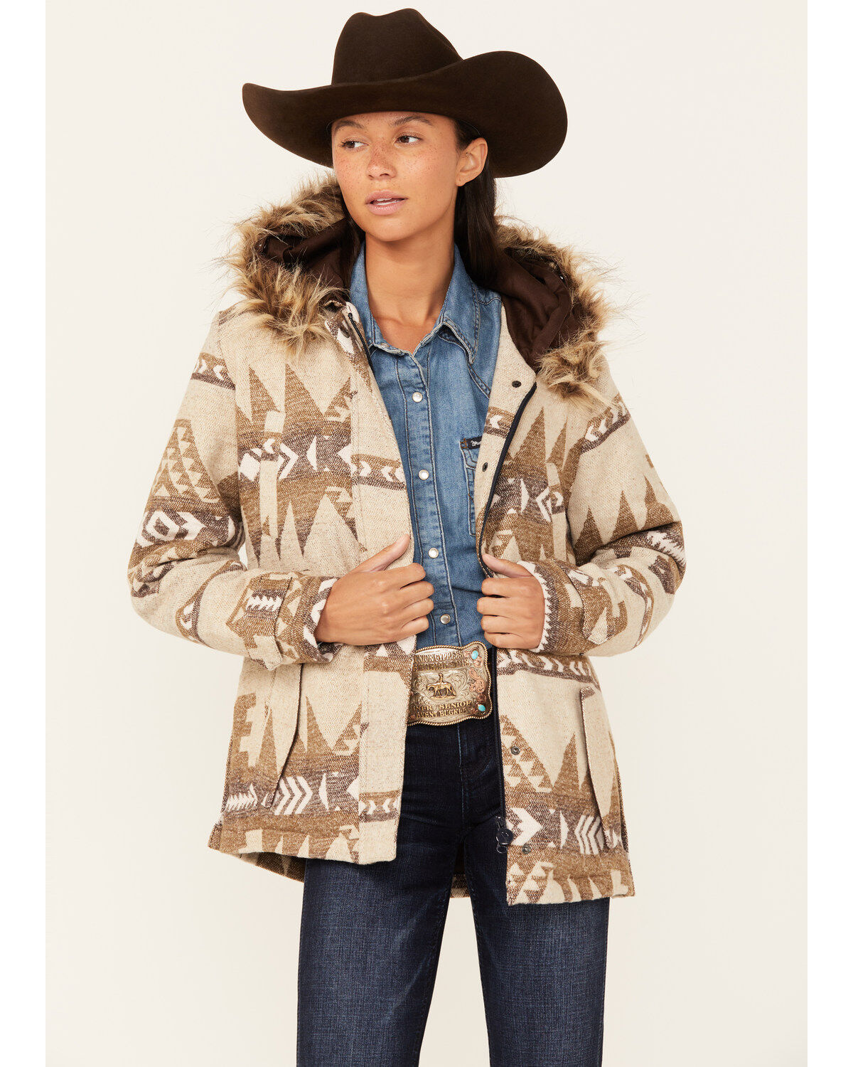 Outback Trading Co Women's Boot Barn Exclusive Southwestern Print Fur Trim Myra Jacket