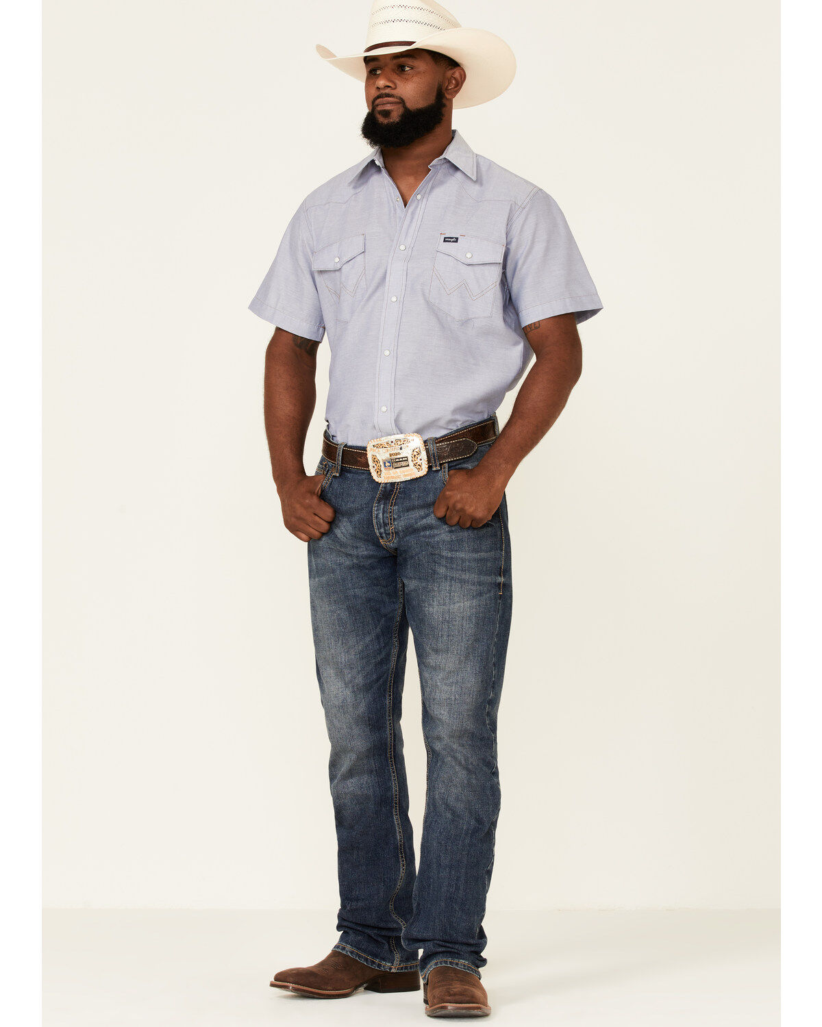 Wrangler Men's Chambray Rigid Cowboy Cut Short Sleeve Pearl Snap Work Shirt