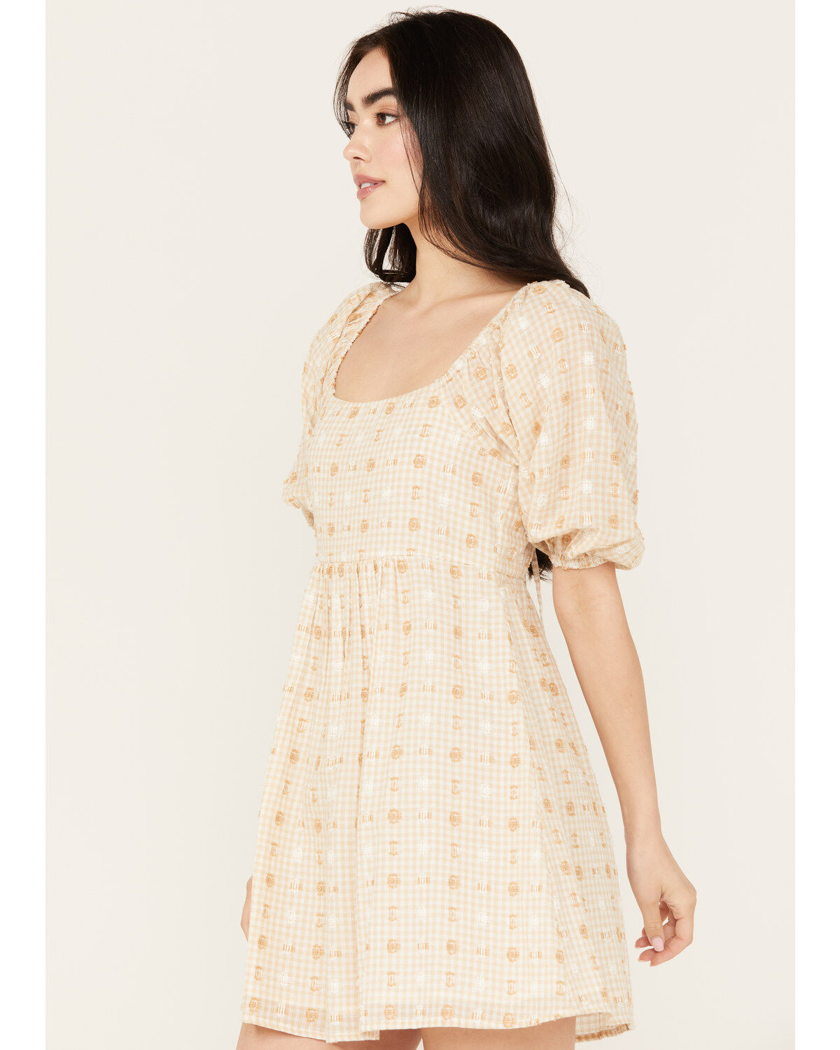En Creme Women's Gingham and Dot Print Short Sleeve Mini Dress