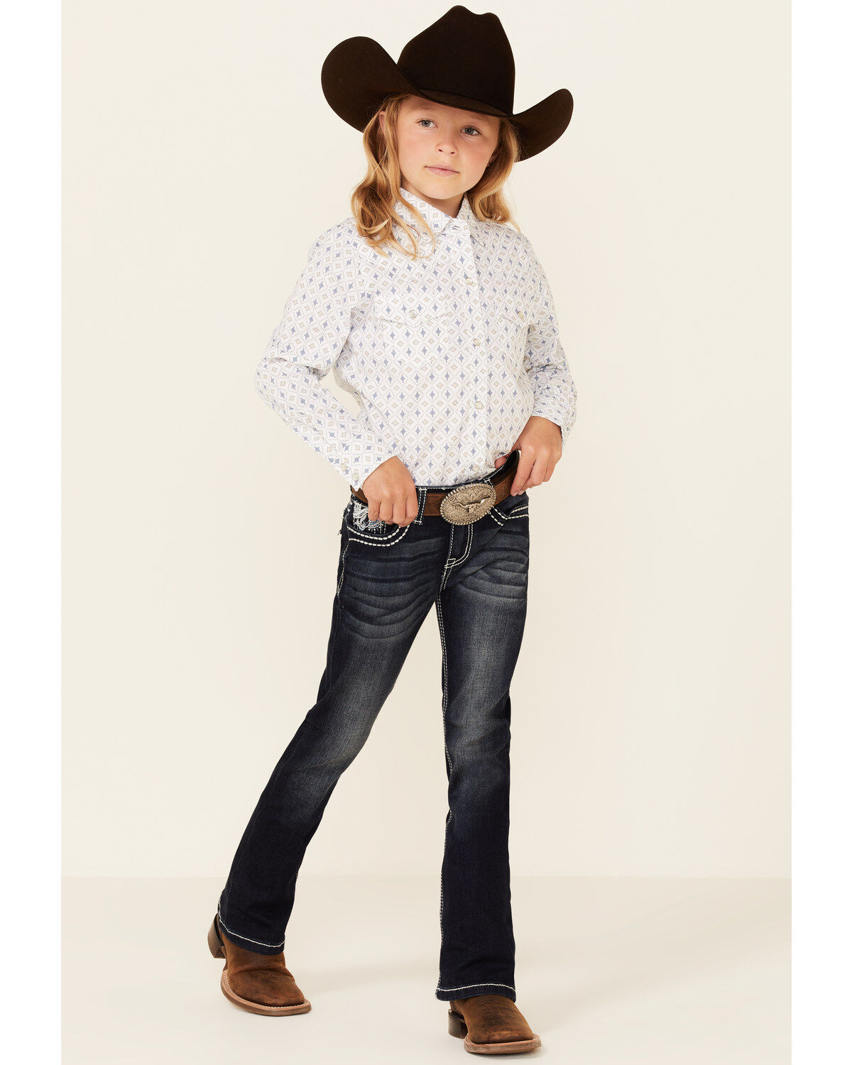 Ely Walker Girls' Southwestern Geo Print Long Sleeve Pearl Snap Western Shirt