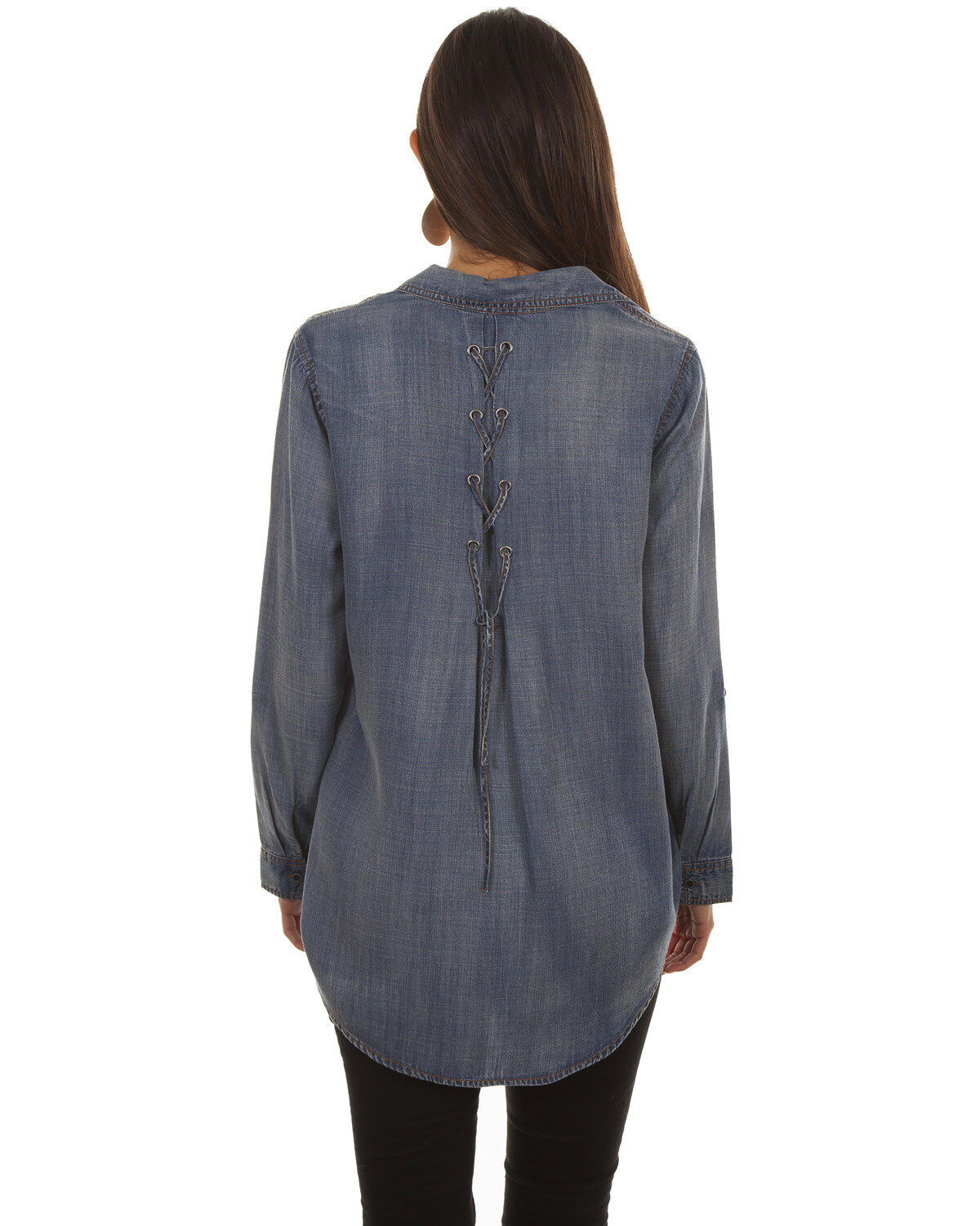 Honey Creek by Sully Women's Denim Hi-Low Lace-Up Blouse