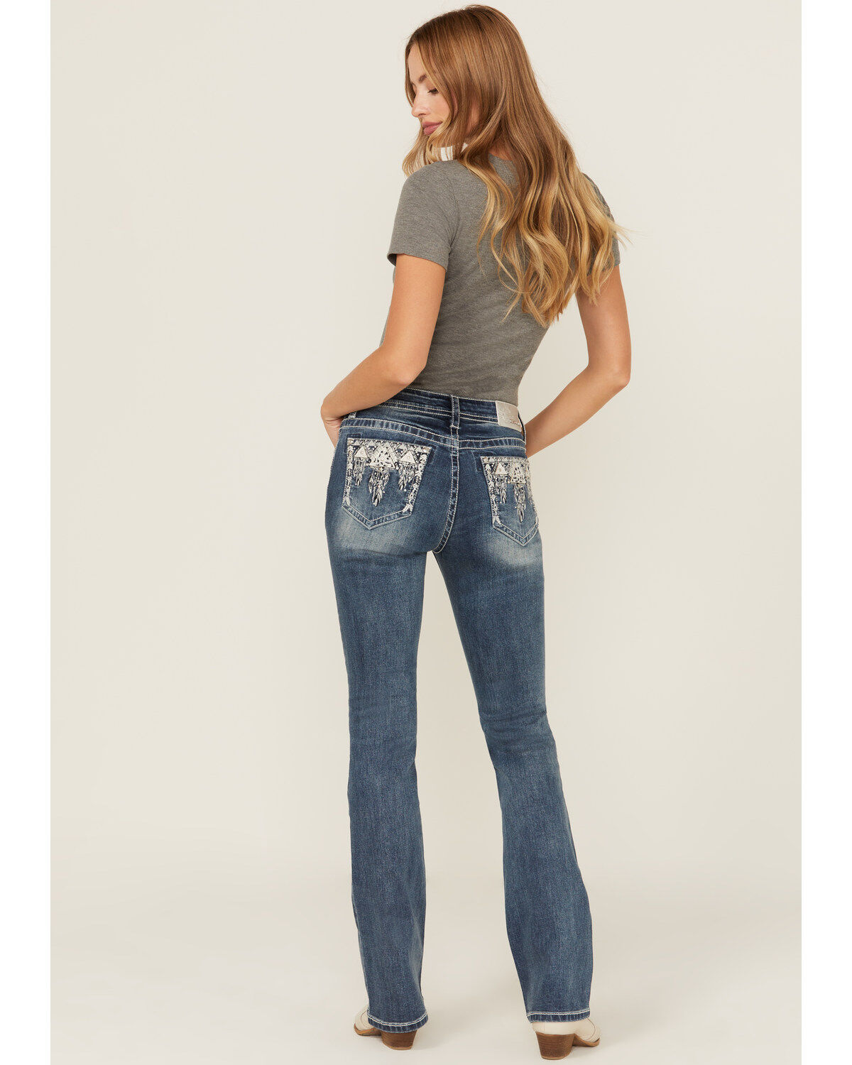 Grace in LA Women's Medium Wash Mid Rise Feather Pocket Bootcut Stretch Denim Jeans