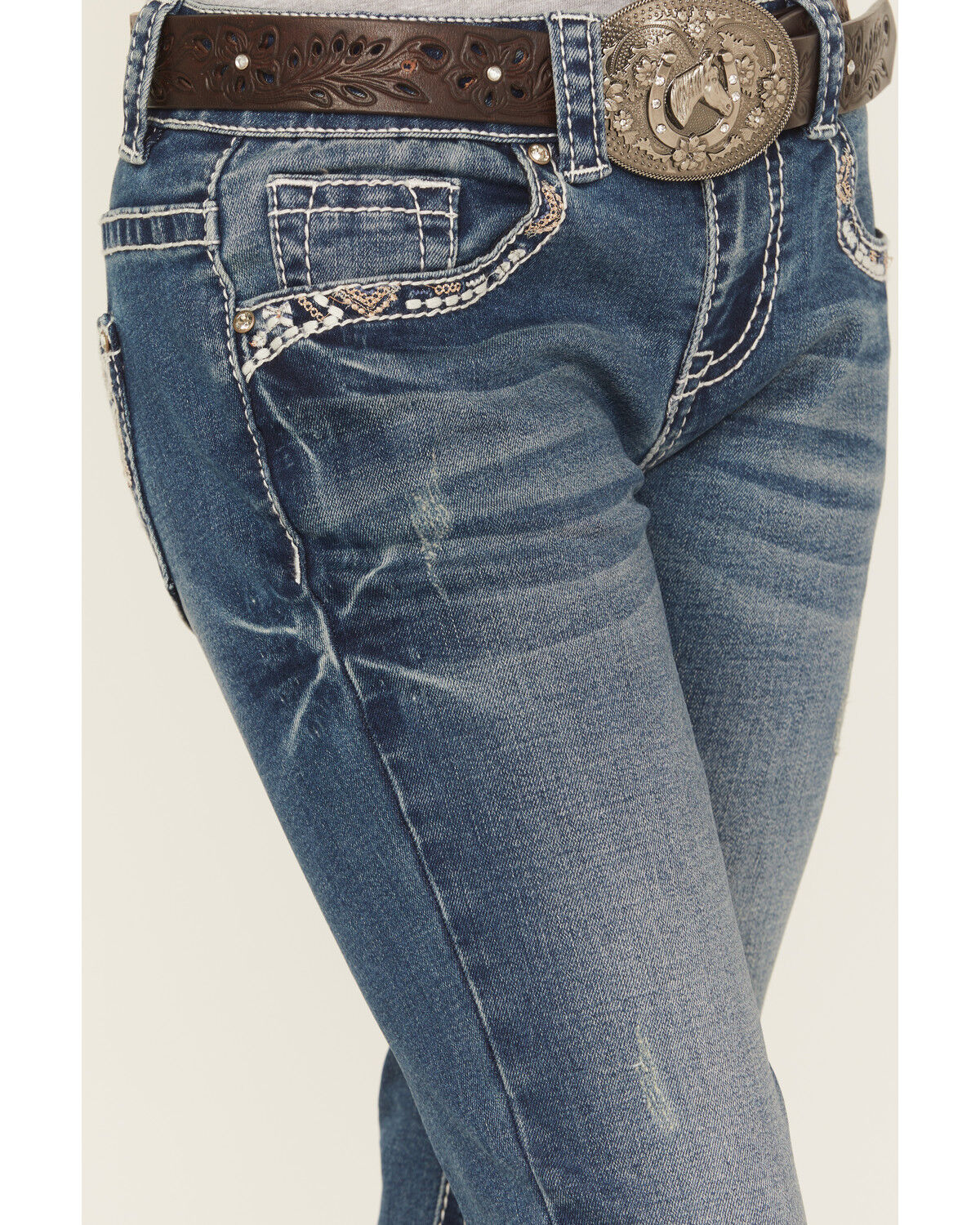 Shyanne Girls' Medium Wash Southwestern Pocket Bootcut Stretch Denim Jeans