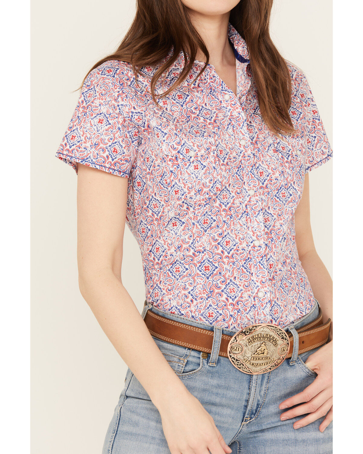 Rough Stock by Panhandle Women's Paisley Print Stretch Short Sleeve Western Pearl Snap Shirt