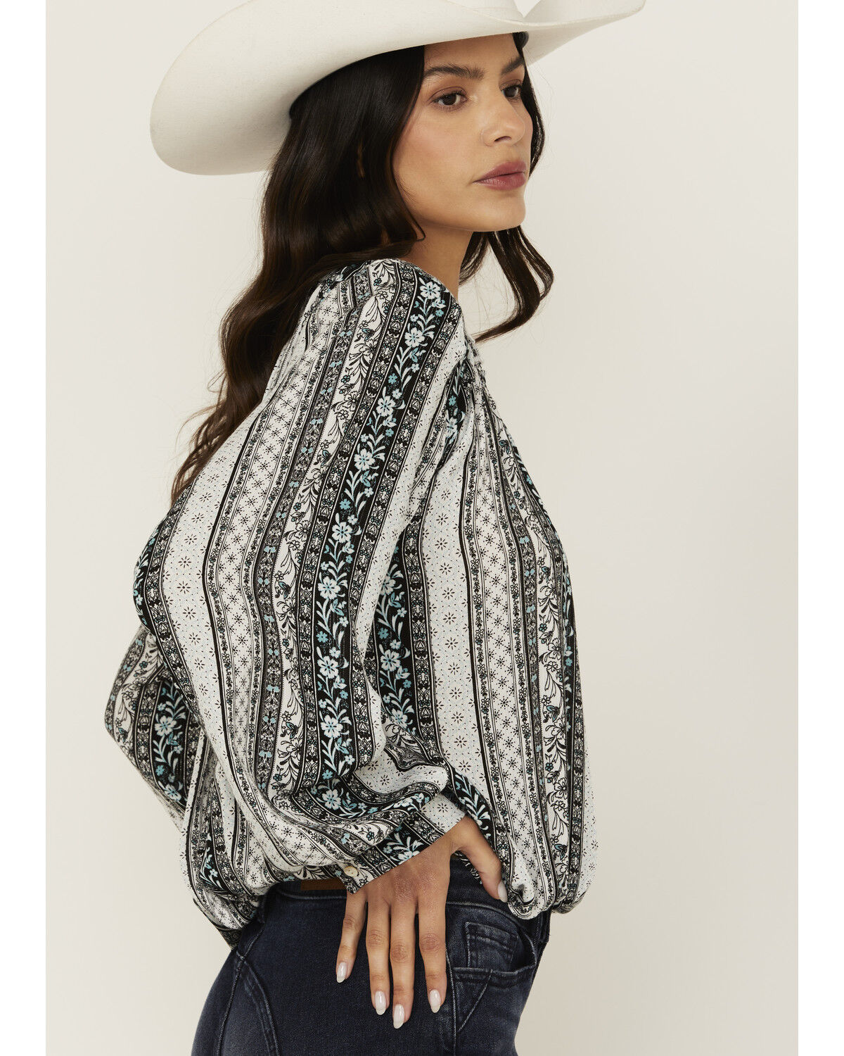 Wild Moss Women's Floral Striped Print Long Sleeve Peasant Shirt