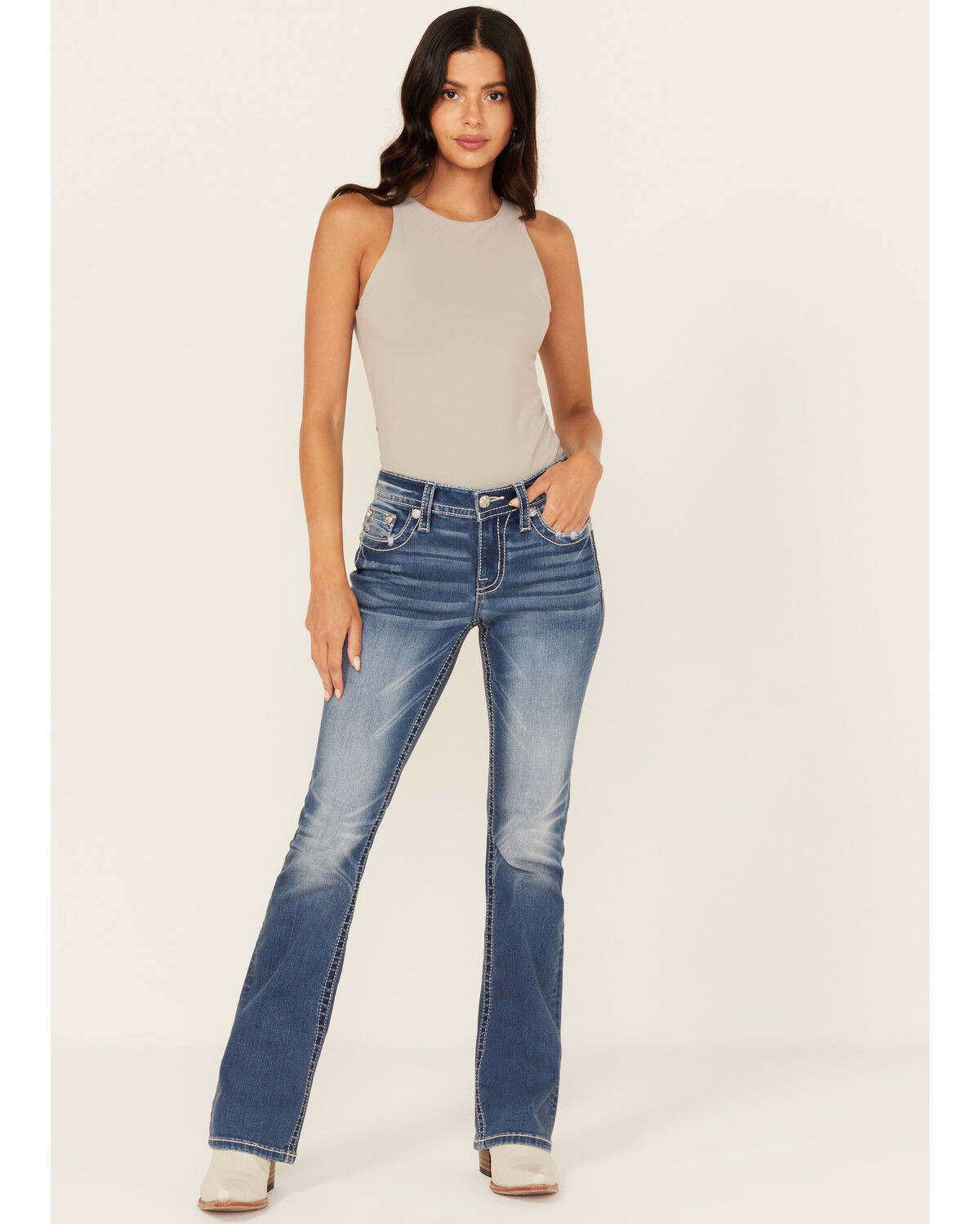 Miss Me Women's Medium Wash Mid Rise Fleur de Lis Pocket Bootcut Stretch Denim Jeans