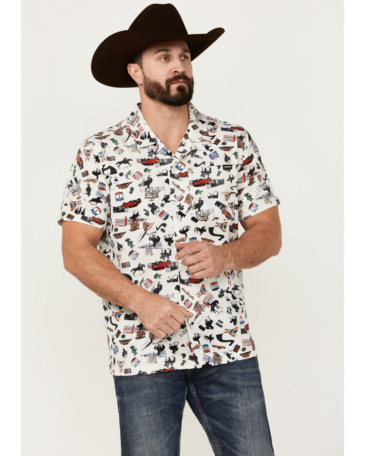 Cinch Men's Rodeo Conversational Print Short Sleeve Button-Down Performance Stretch Western Shirt