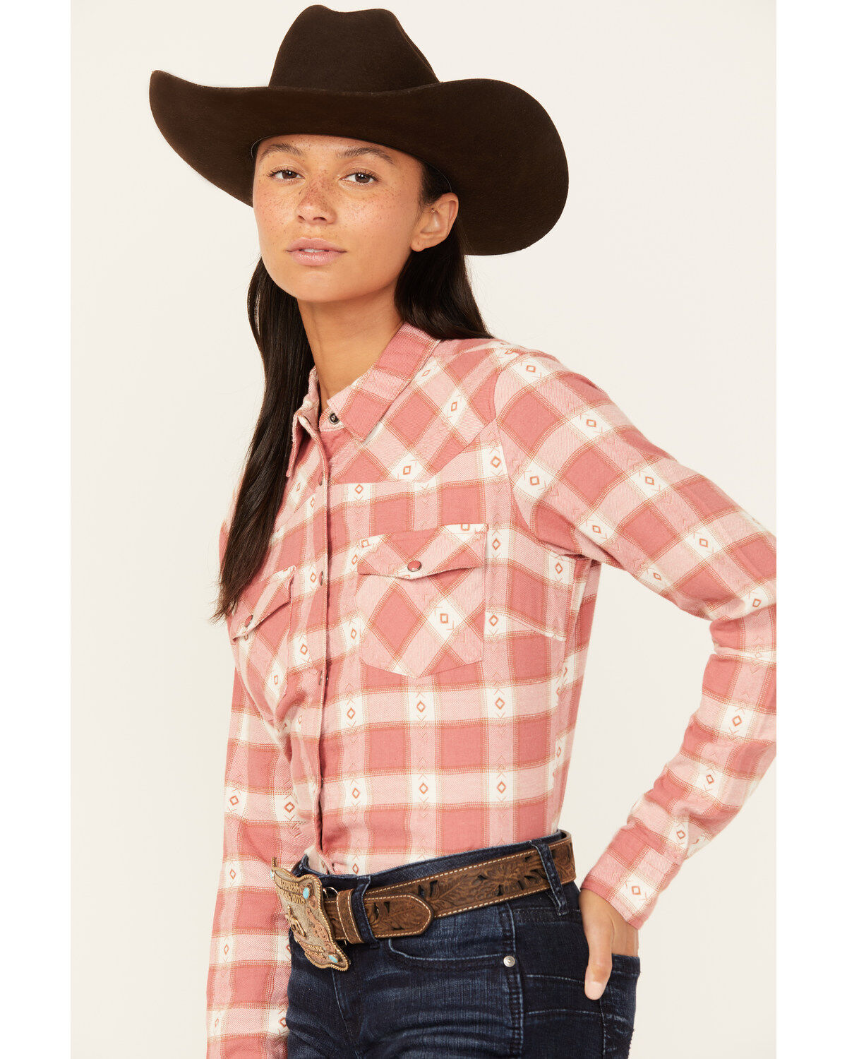 Shyanne Women's Dogwood Dobby Plaid Print Long Sleeve Snap Flannel Shirt
