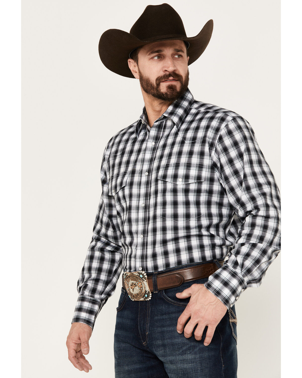 Wrangler Men's Plaid Print Long Sleeve Pearl Snap Western Shirt
