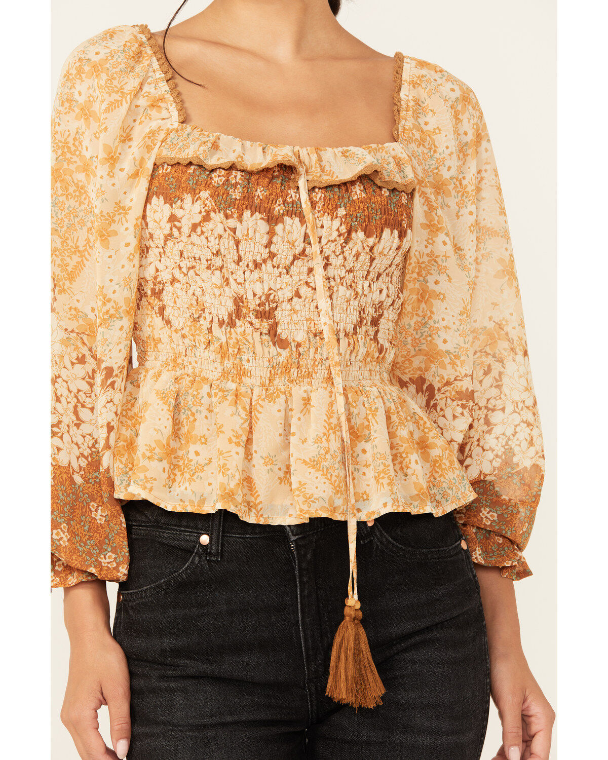 Miss Me Women's Floral Print Long Sleeve Peasant Top