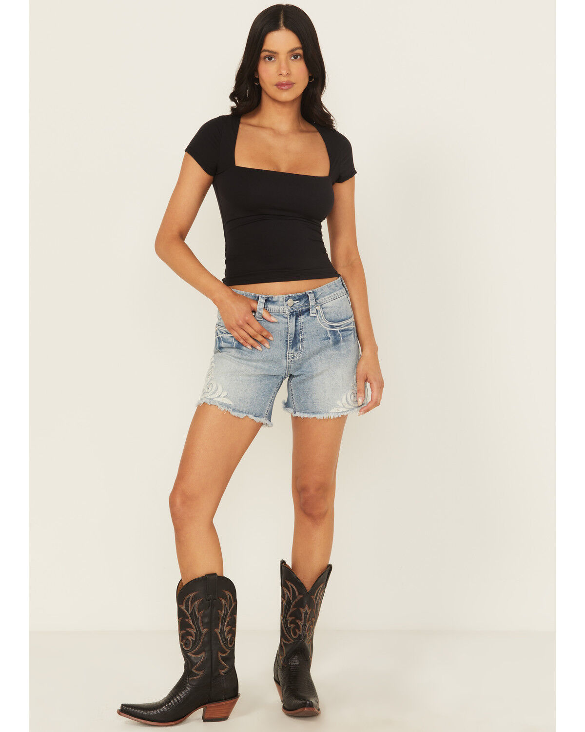Grace In LA Women's Embellished Light Wash Mid Rise Cutoff Stretch Denim Shorts