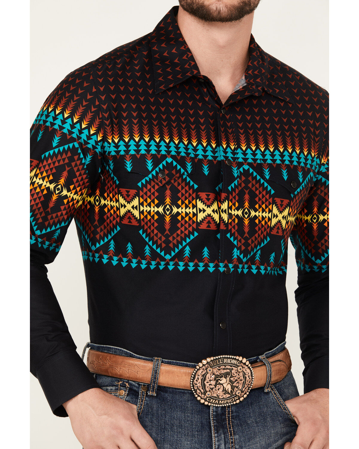 Rock & Roll Denim Men's Southwestern Print Stretch Long Sleeve Snap Western Shirt