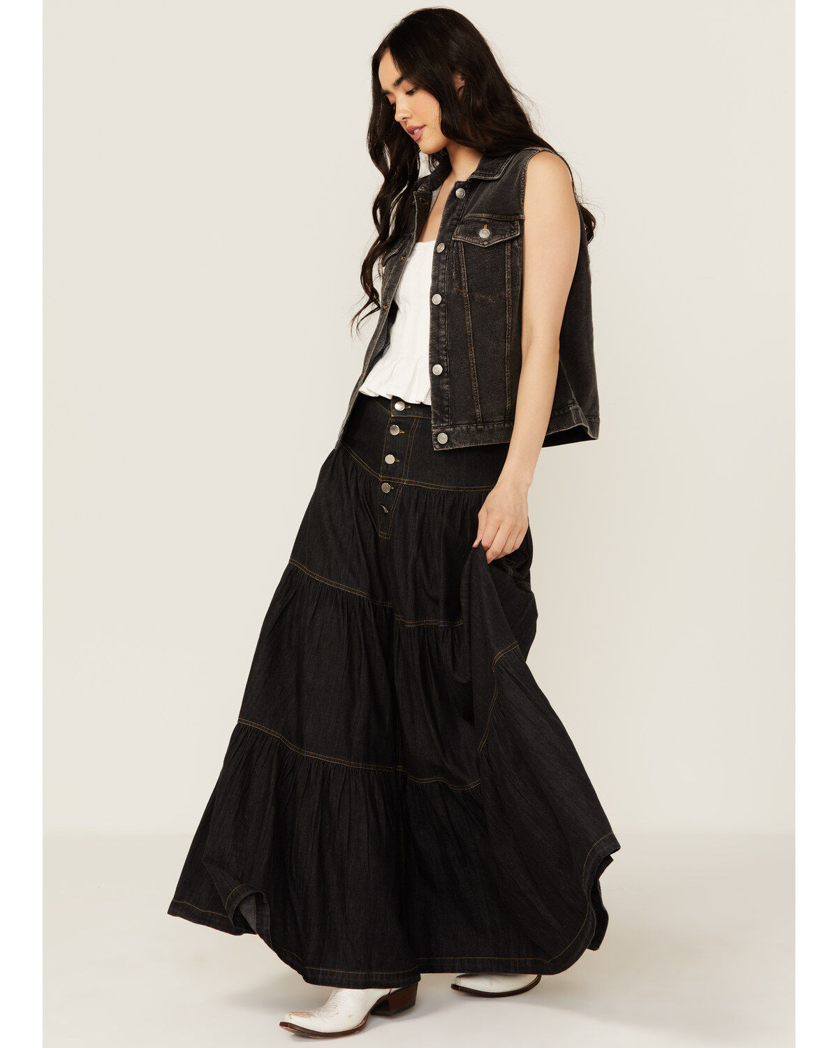 Revel Women's Tiered Denim Maxi Skirt
