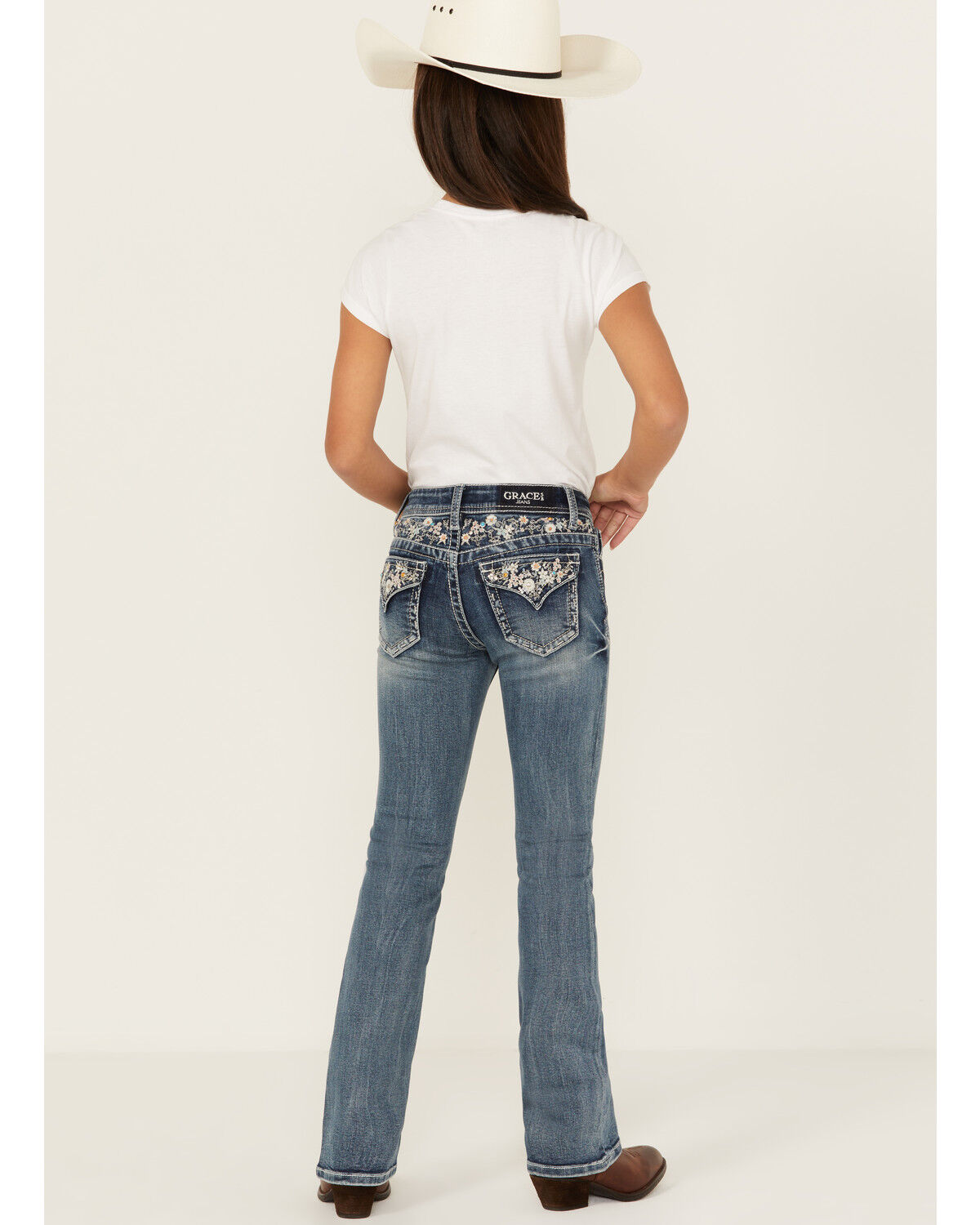 Grace in LA Girls' Medium Wash Floral Embroidered Stretch Bootcut Jeans