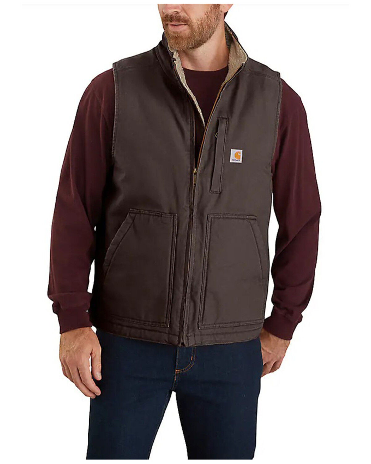 Carhartt Men's Dark Brown Washed Duck Sherpa Lined Mock Neck Work Vest - Tall