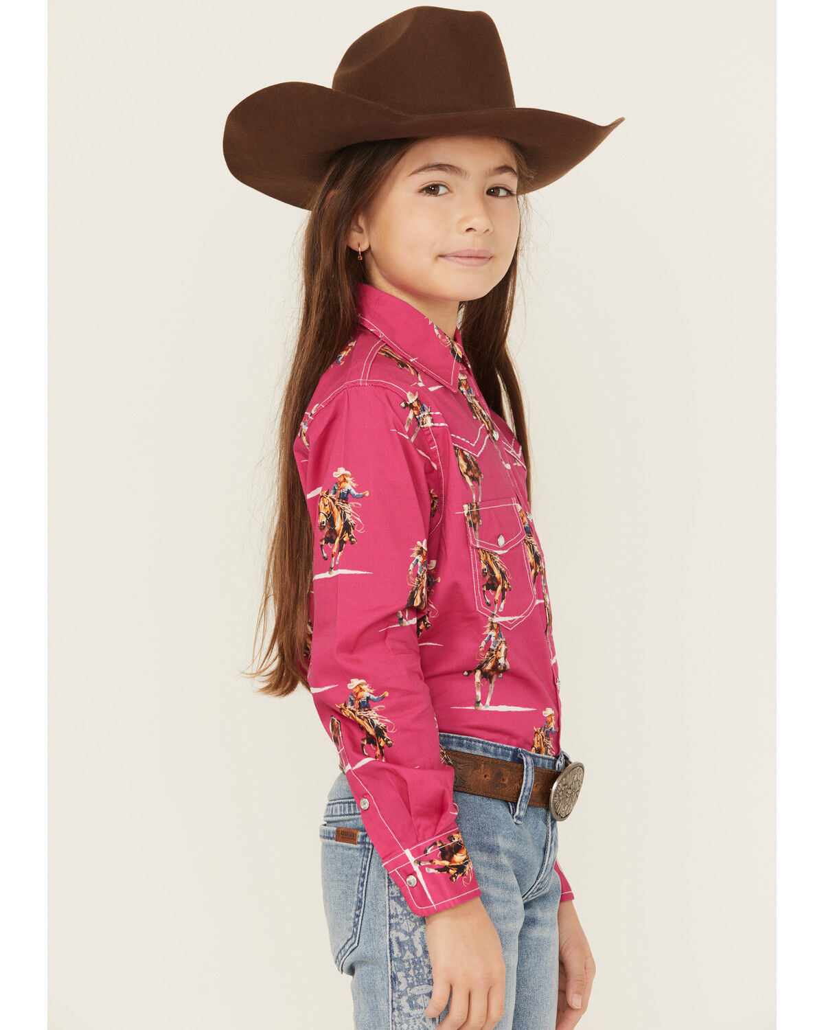 Cowgirl Hardware Girls' Cowgirl Print Long Sleeve Rhinestone Snap Stretch Western Shirt