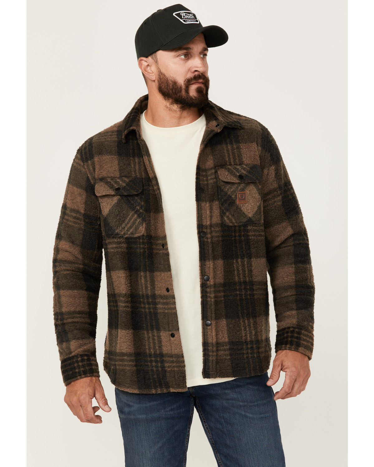 Brixton Men's Bowery Arctic Plaid Print Long Sleeve Snap Stretch Shirt Jacket