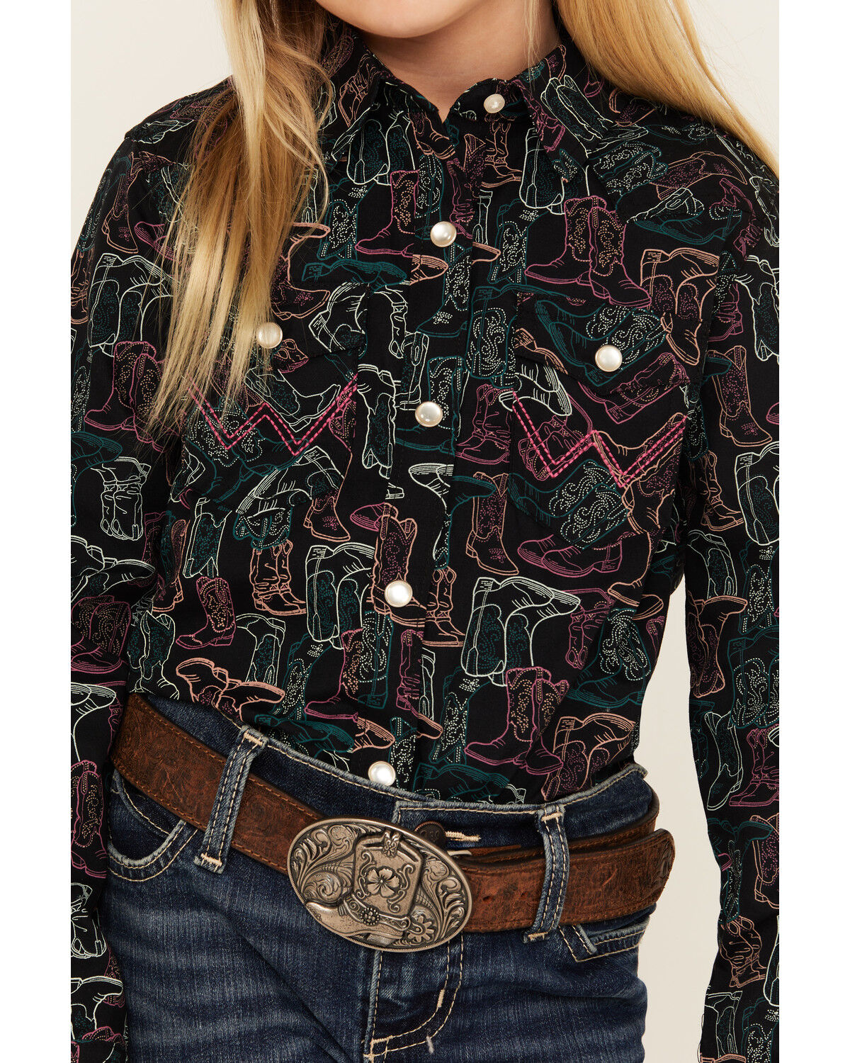 Wrangler Girls' Boot Print Long Sleeve Snap Western Shirt