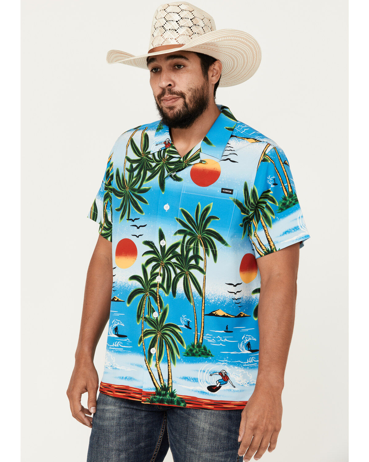 Cinch Men's Camp Ocean And Palm Trees Short Sleeve Button-Down Shirt