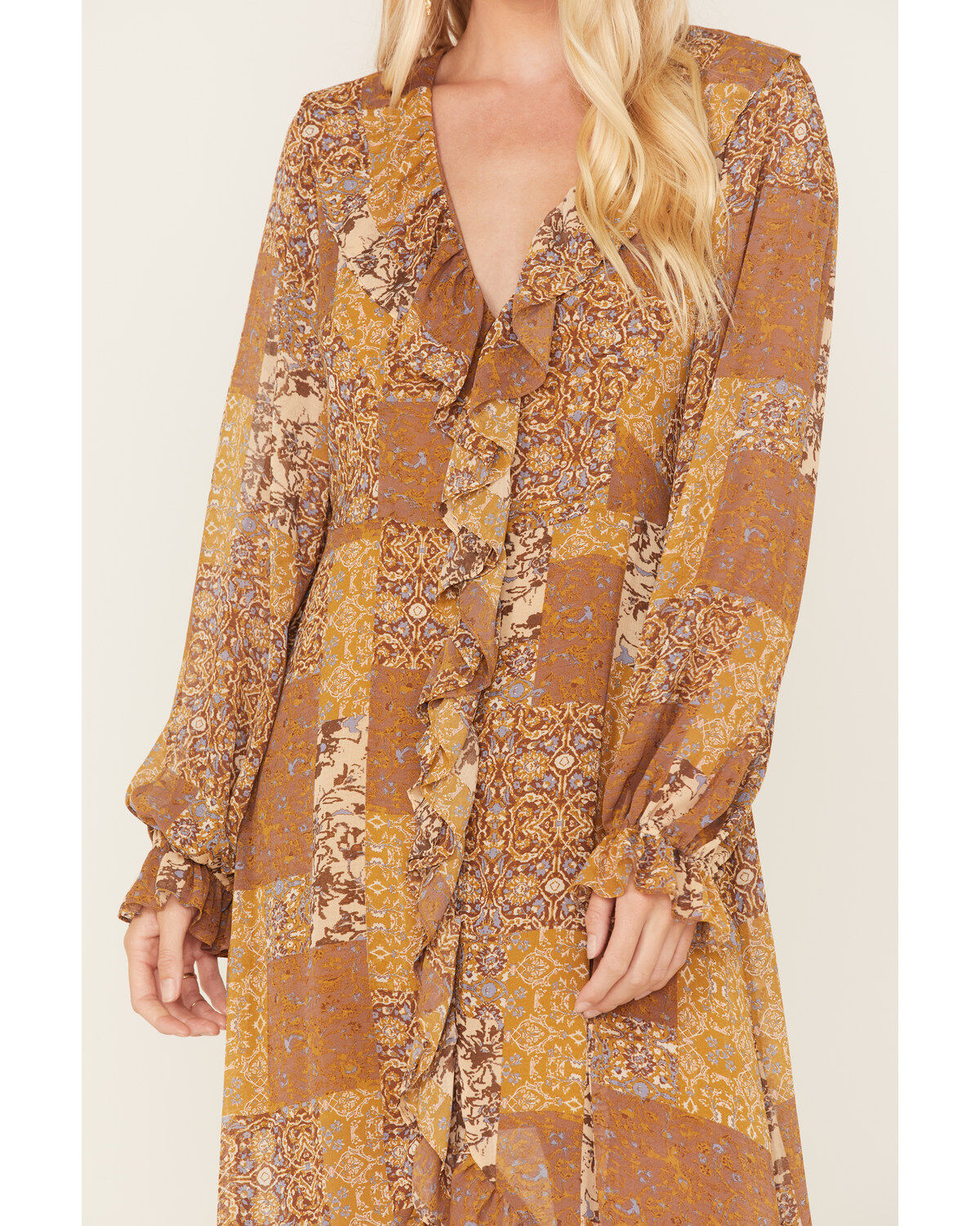 Beyond The Radar Women's Multi Patchwork Ruffle Midi Dress