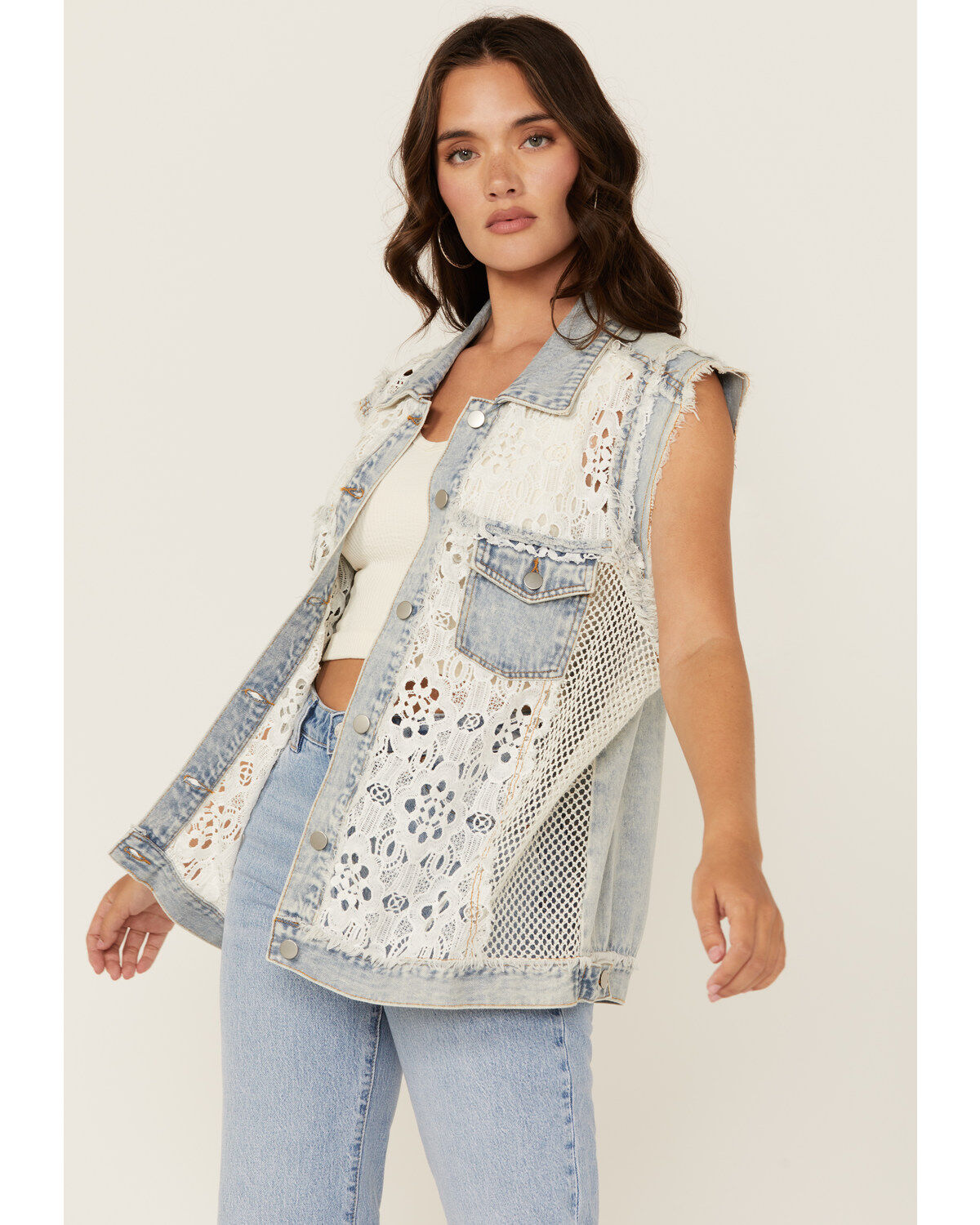 POL Women's Denim Lace Button-Down Vest