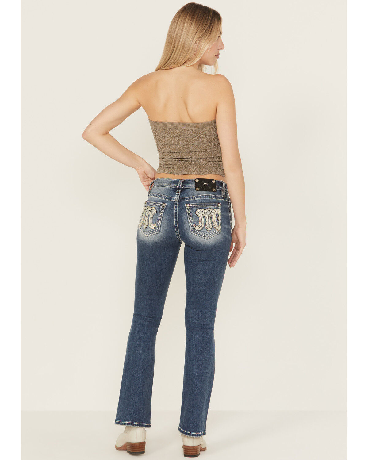 Miss Me Women's Medium Wash Mid Rise Embroidered Bootcut Stretch Denim Jeans