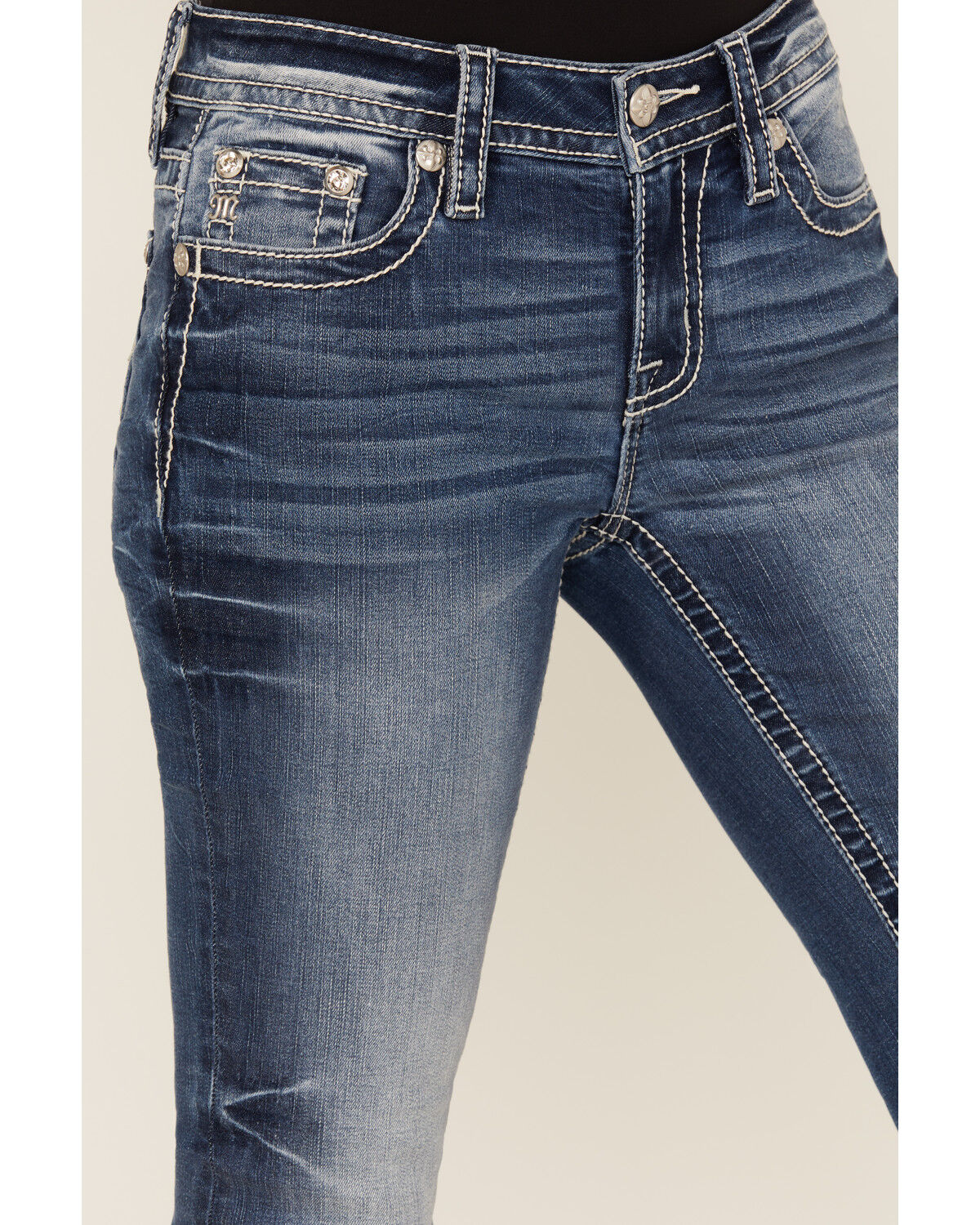 Miss Me Women's Dark Wash Mid Rise Cross Pocket Slim Bootcut Stretch Denim Jeans