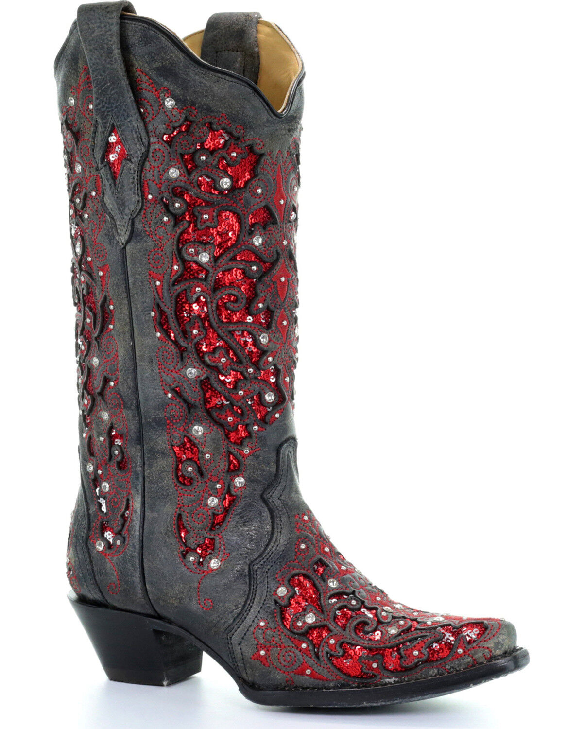Corral Women's Crystal and Red Sequin Inlay Western Boots - Snip Toe