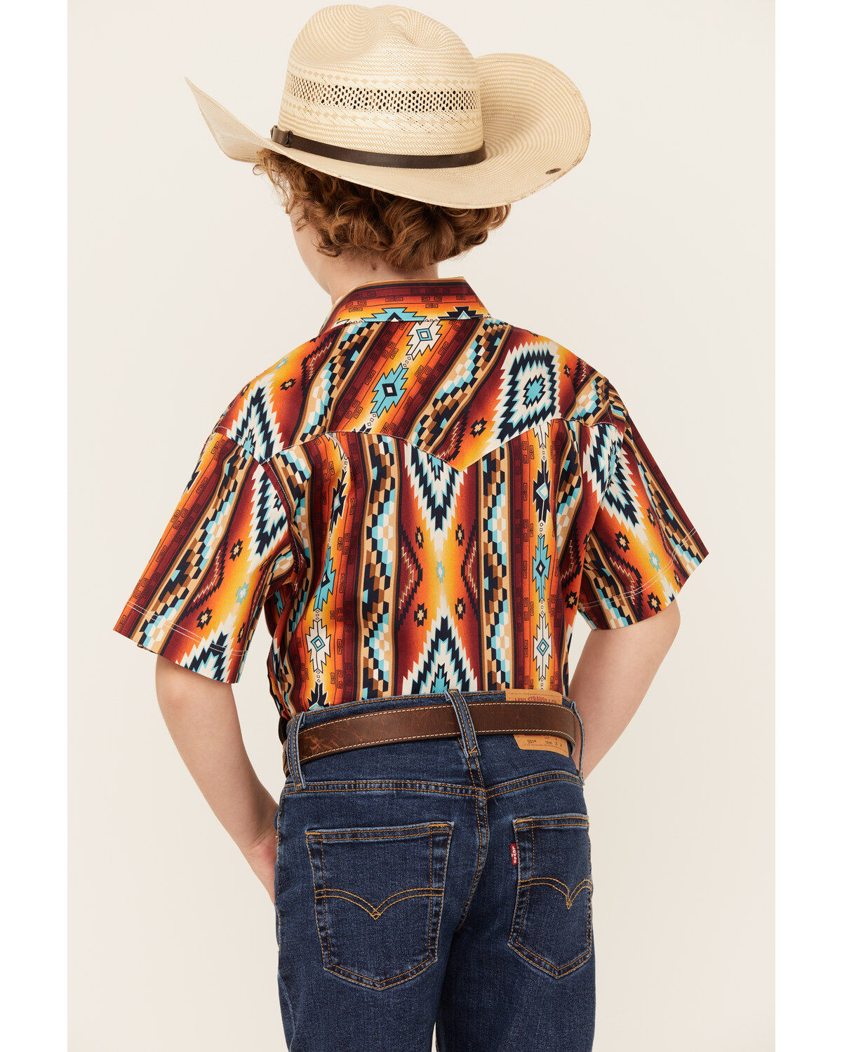 Rock & Roll Denim Boys' Southwestern Print Short Sleeve Snap Stretch Western Shirt