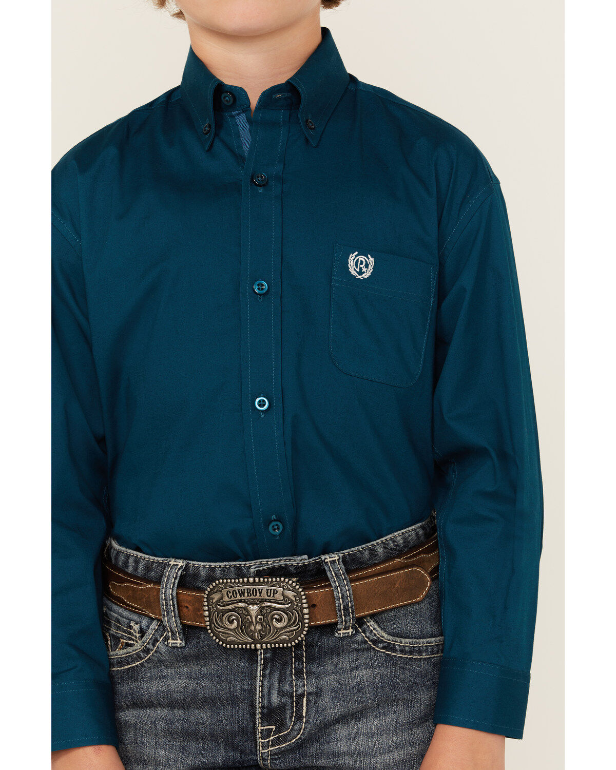 Panhandle Select Boys' Solid Long Sleeve Button-Down Stretch Western Shirt