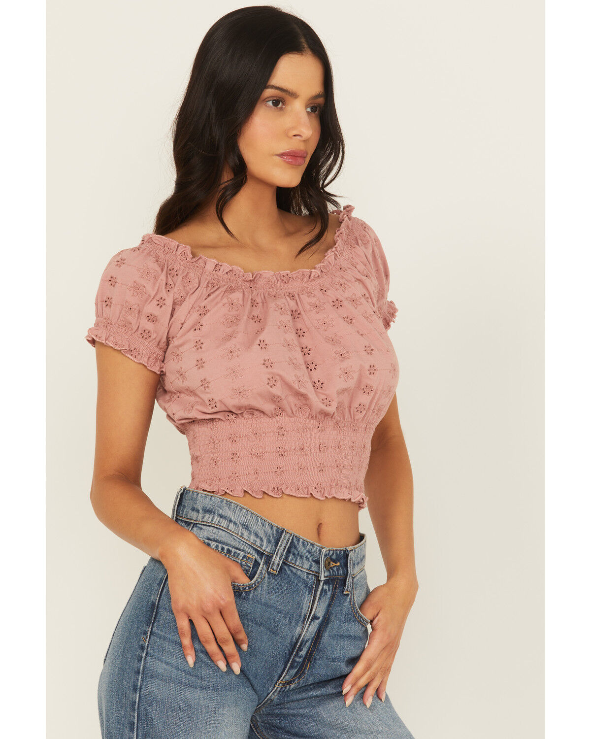 Cleo + Wolf Women's Eyelet Smocked Short Sleeve Crop Top