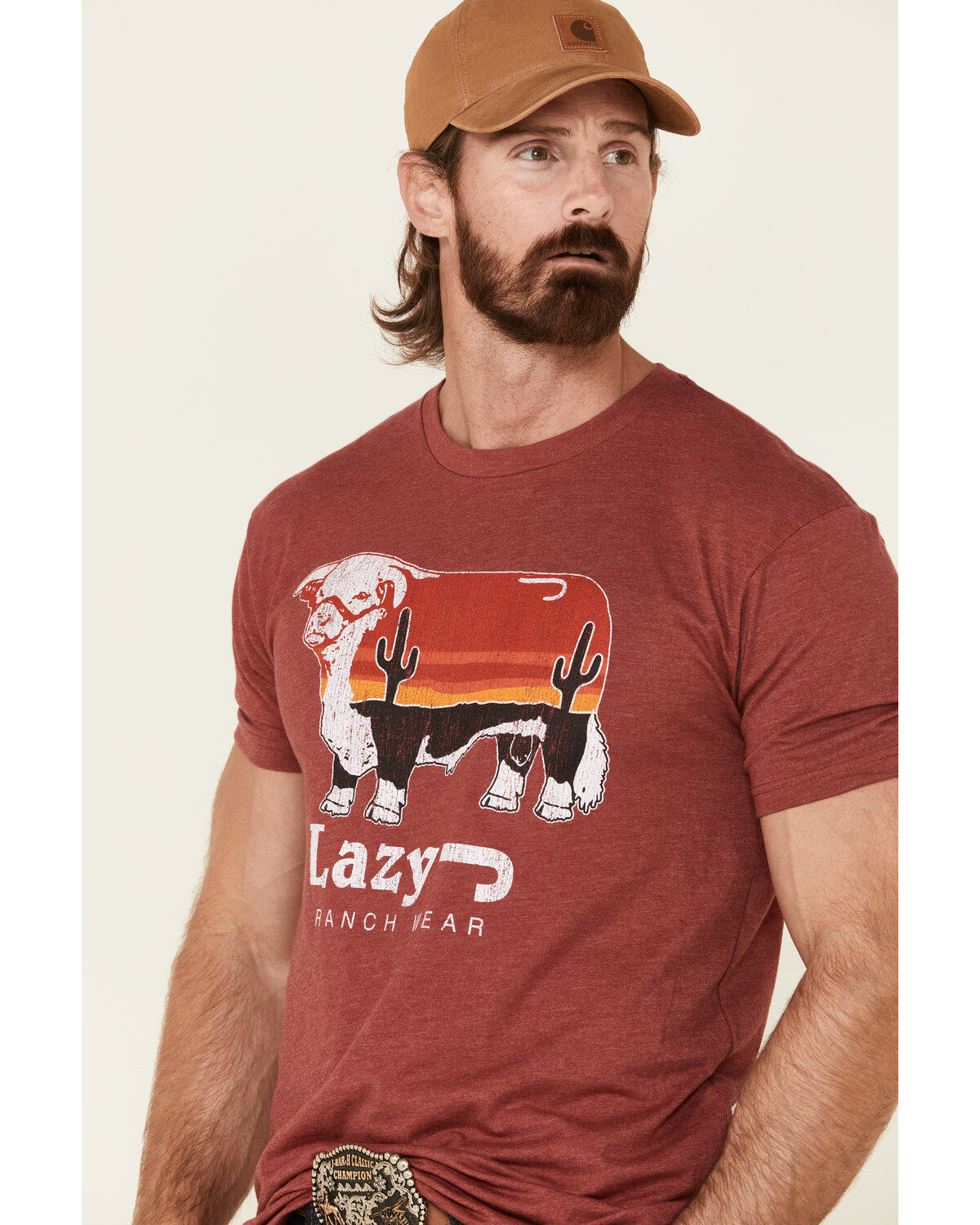 Lazy J Ranch Men's Red Logo Sunrise Graphic T-Shirt