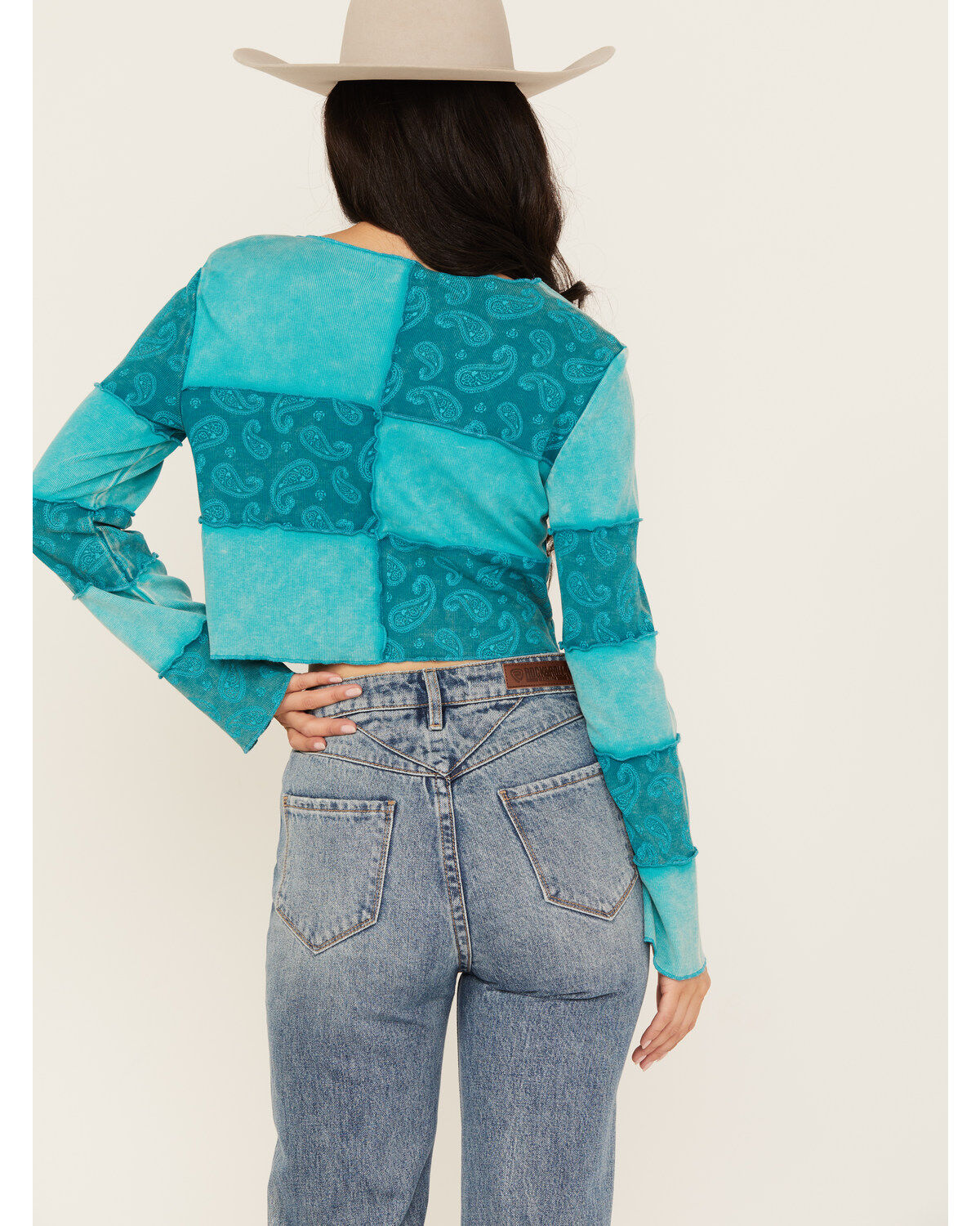 Rock & Roll Denim Women's Paisley Print Patchwork Long Sleeve Top