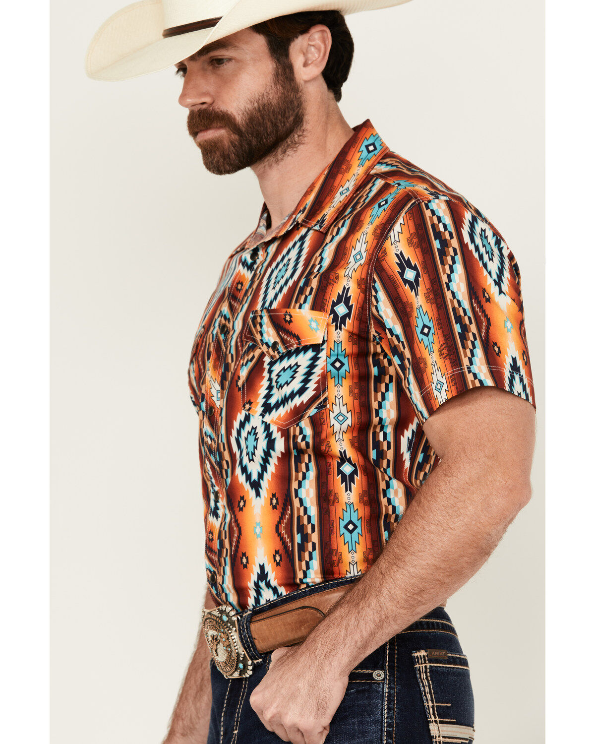 Rock & Roll Denim Men's Southwestern Print Short Sleeve Snap Stretch Western Shirt