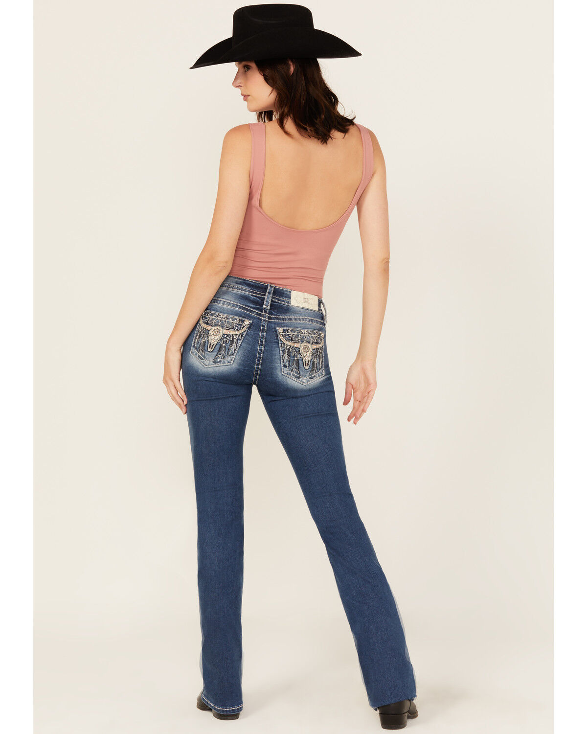 Miss Me Women's Medium Wash Mid Rise Steer Head Bootcut Stretch Denim Jeans