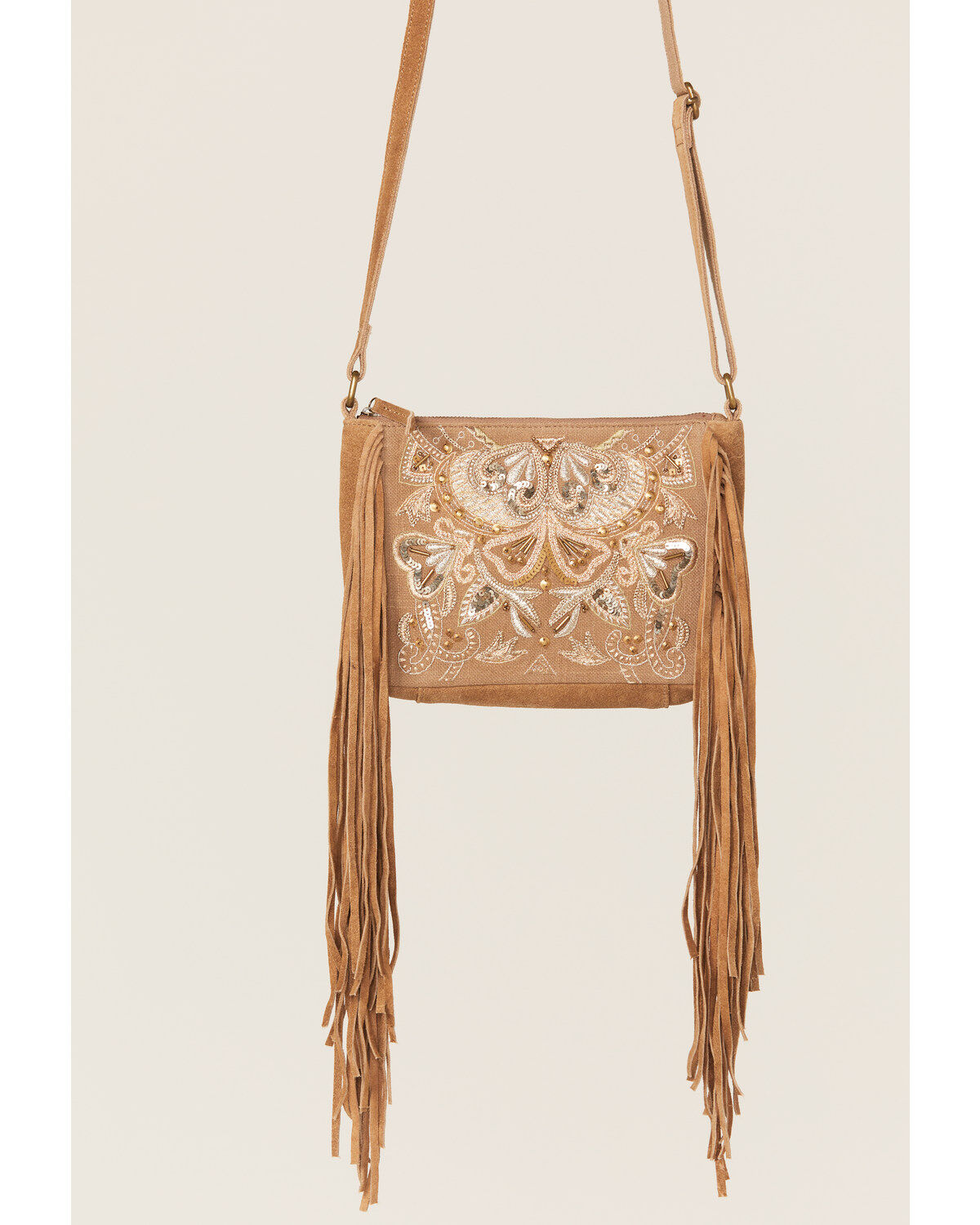 Shyanne Women's Light Brown Velvet Embroidered Crossbody Bag