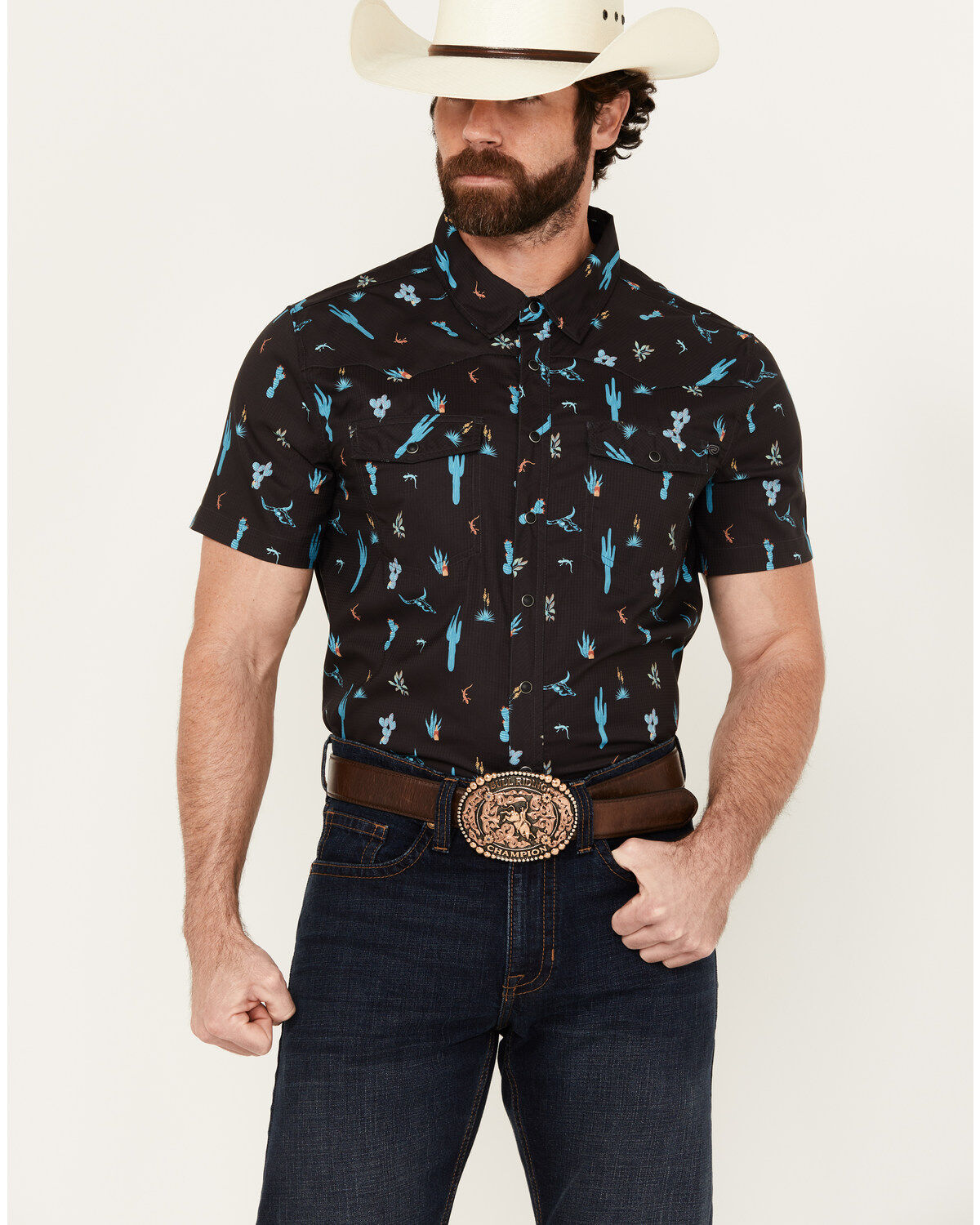 Rock & Roll Denim Men's Tek Cactus Print Short Sleeve Snap Western Shirt