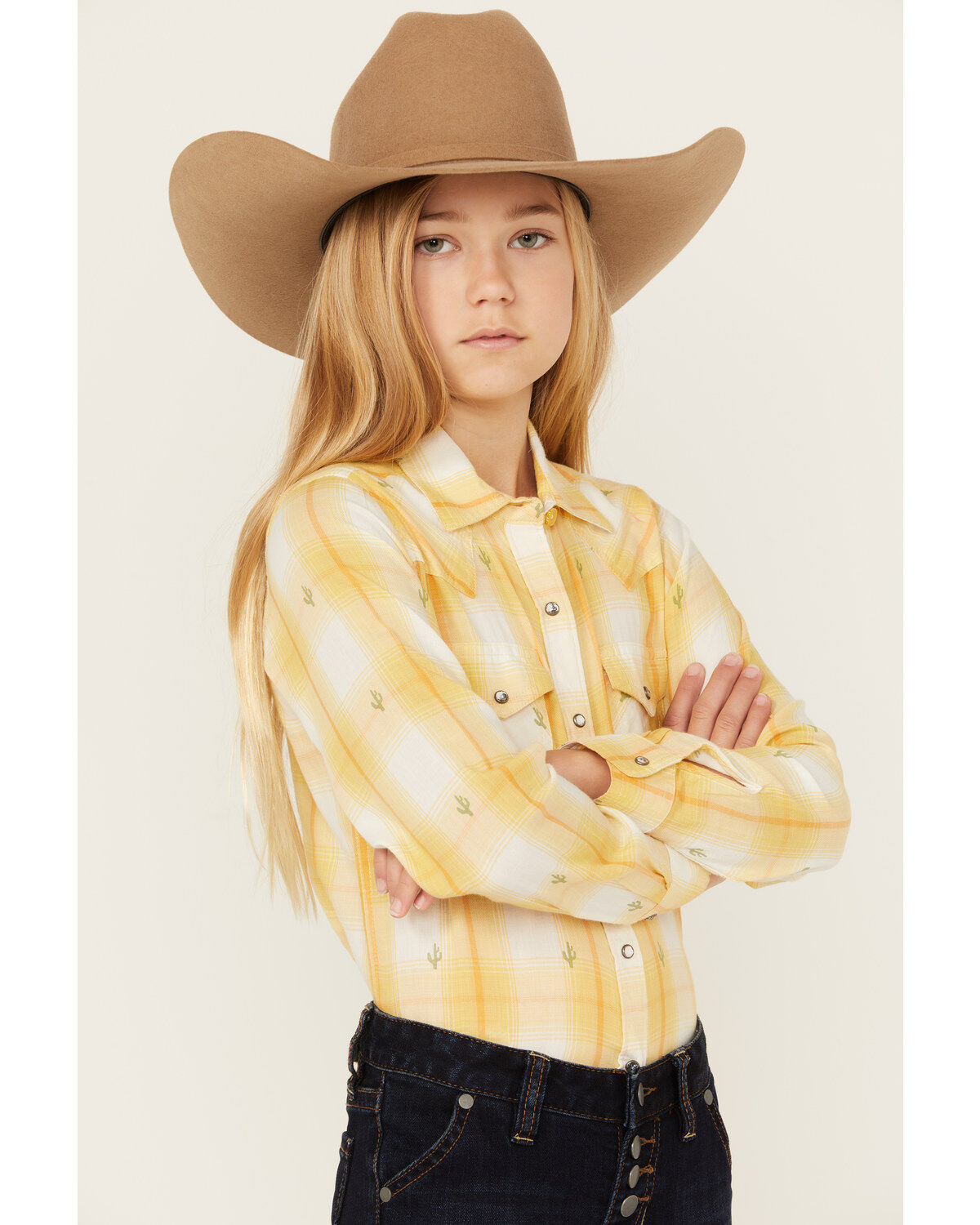 Ariat Girls' Glenrock Cactus Plaid Print Long Sleeve Rhinestone Snap Western Shirt
