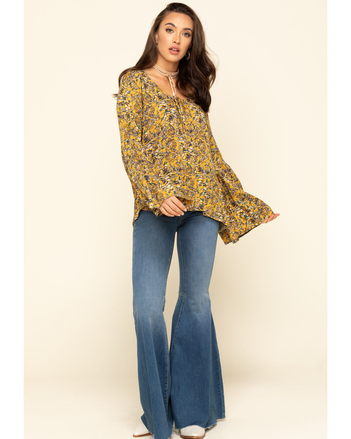 Rock & Roll Denim Women's Yellow Floral Bell Sleeve Top