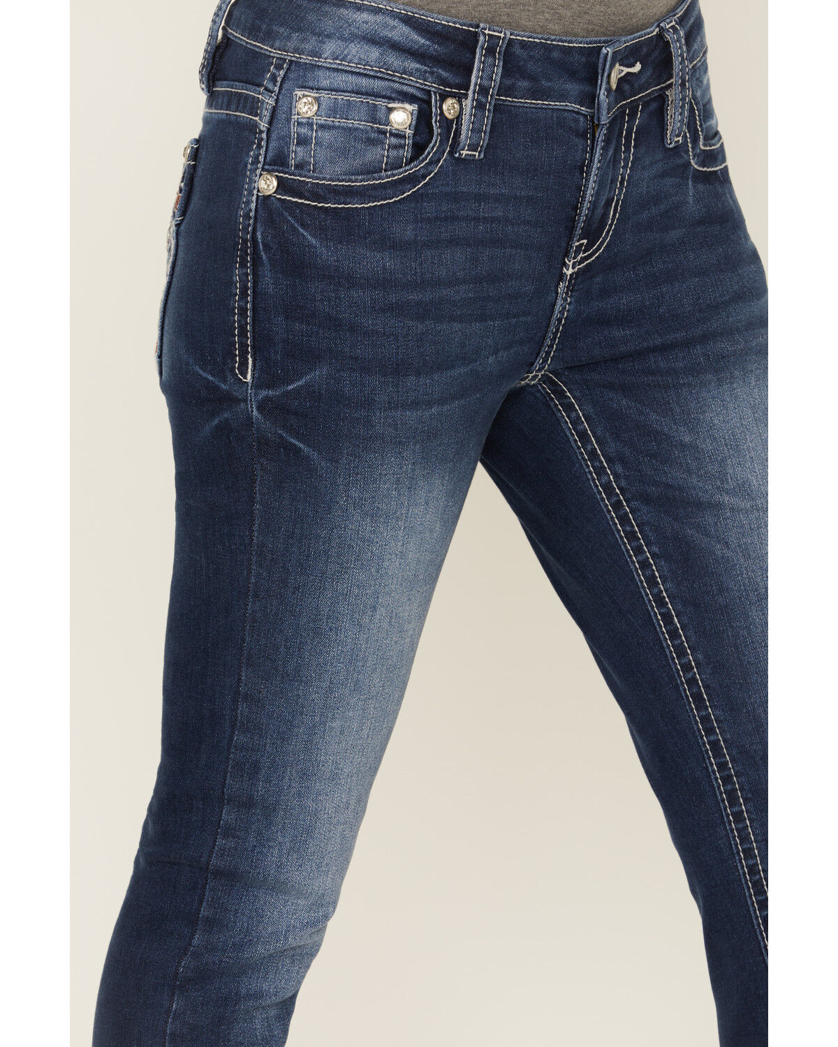 Shyanne Women's Mid Rise Dark Wash Bootcut Paisley Faux Flap Stretch Denim Jeans