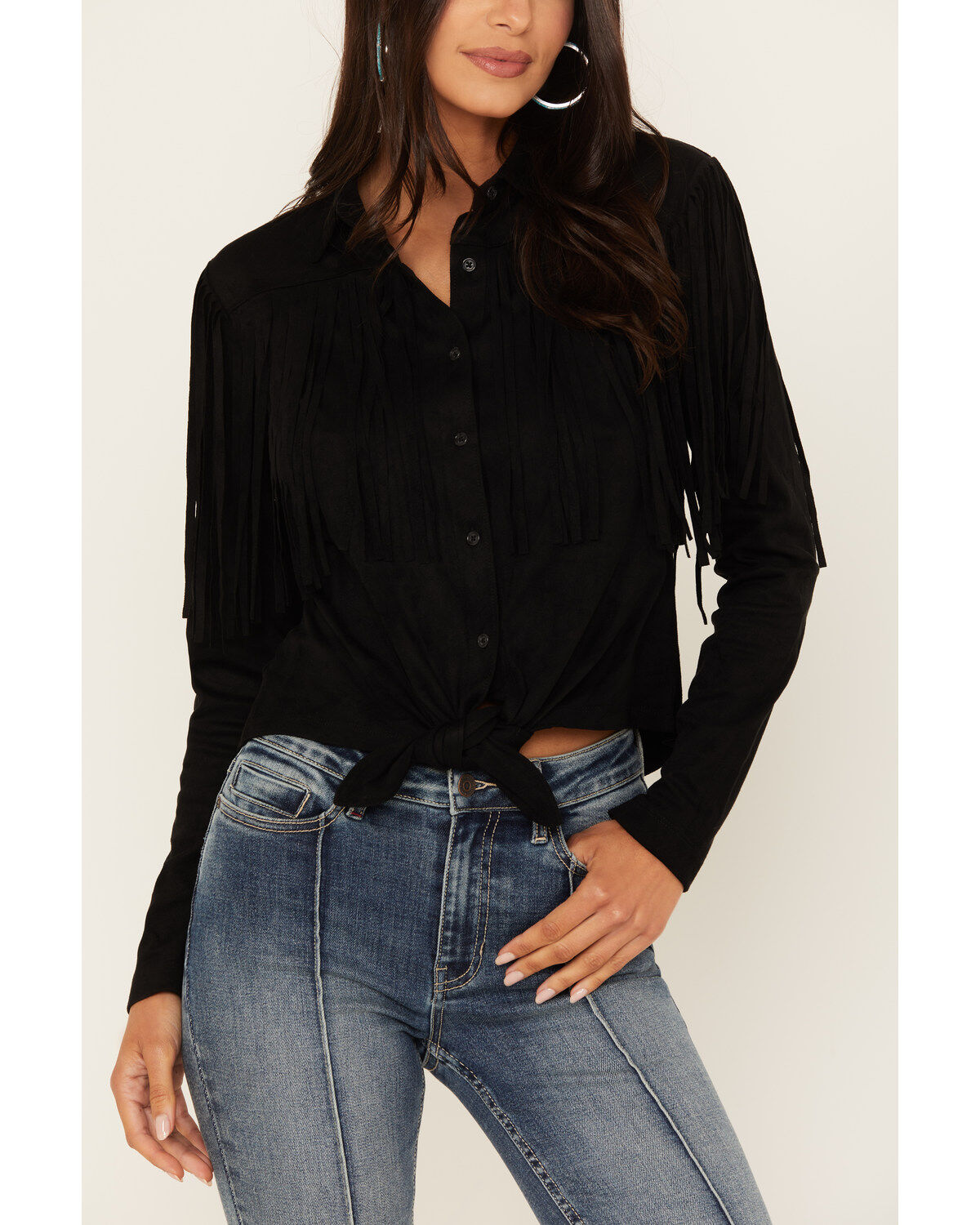 Idyllwind Women's Fate Tie Front Faux Suede Fringe Top