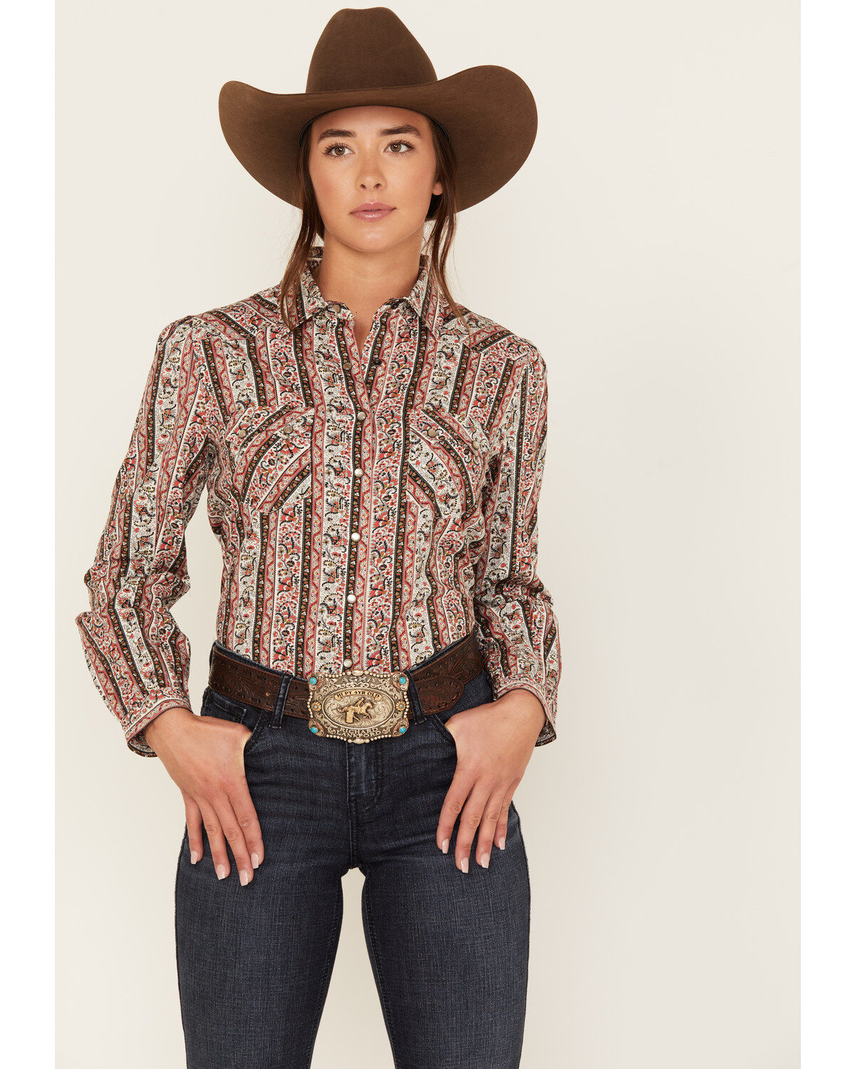 Cruel Girl Women's Paisley Stripe Long Sleeve Pearl Snap Western Shirt
