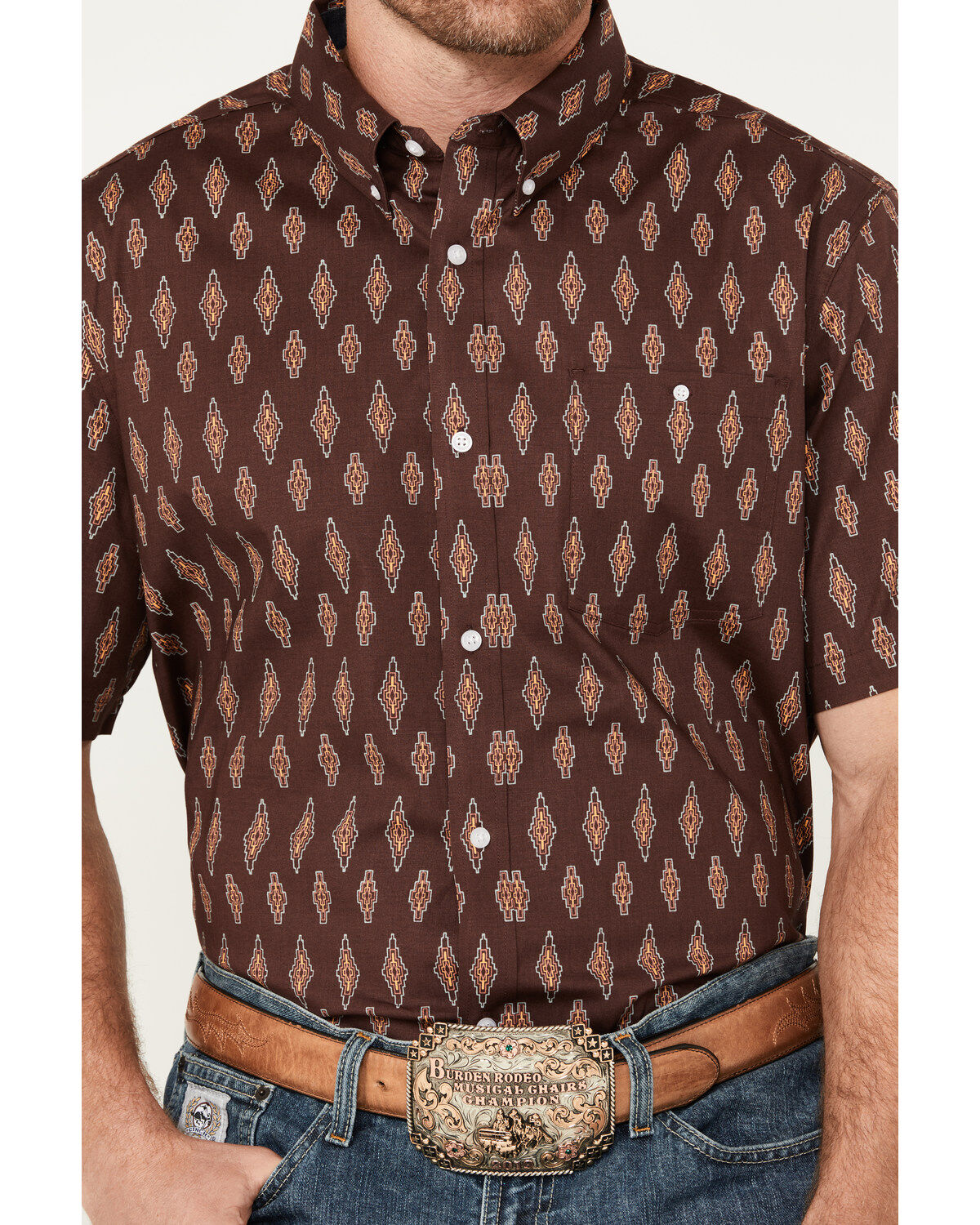 RANK 45® Men's Cash Geo Print Short Sleeve Button-Down Stretch Western Shirt