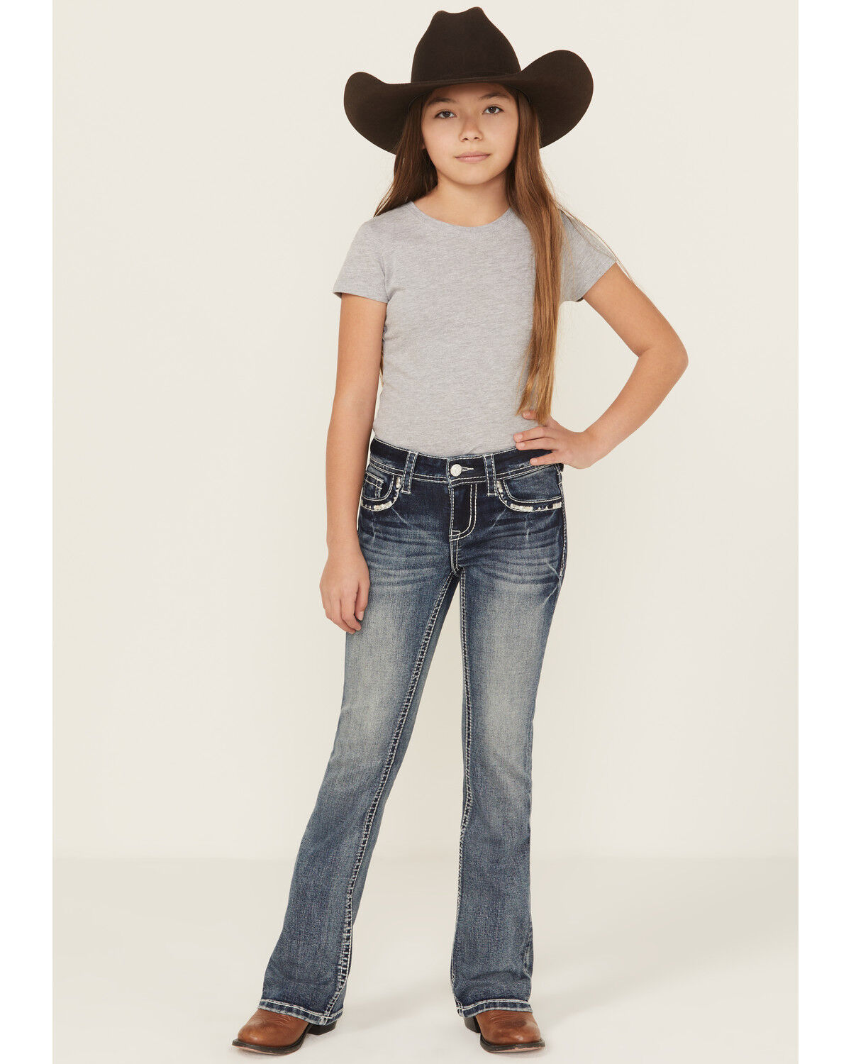 Grace In La Girls' Floral Steerhead Embroidered And Embellished Bootcut Stretch Denim Jeans