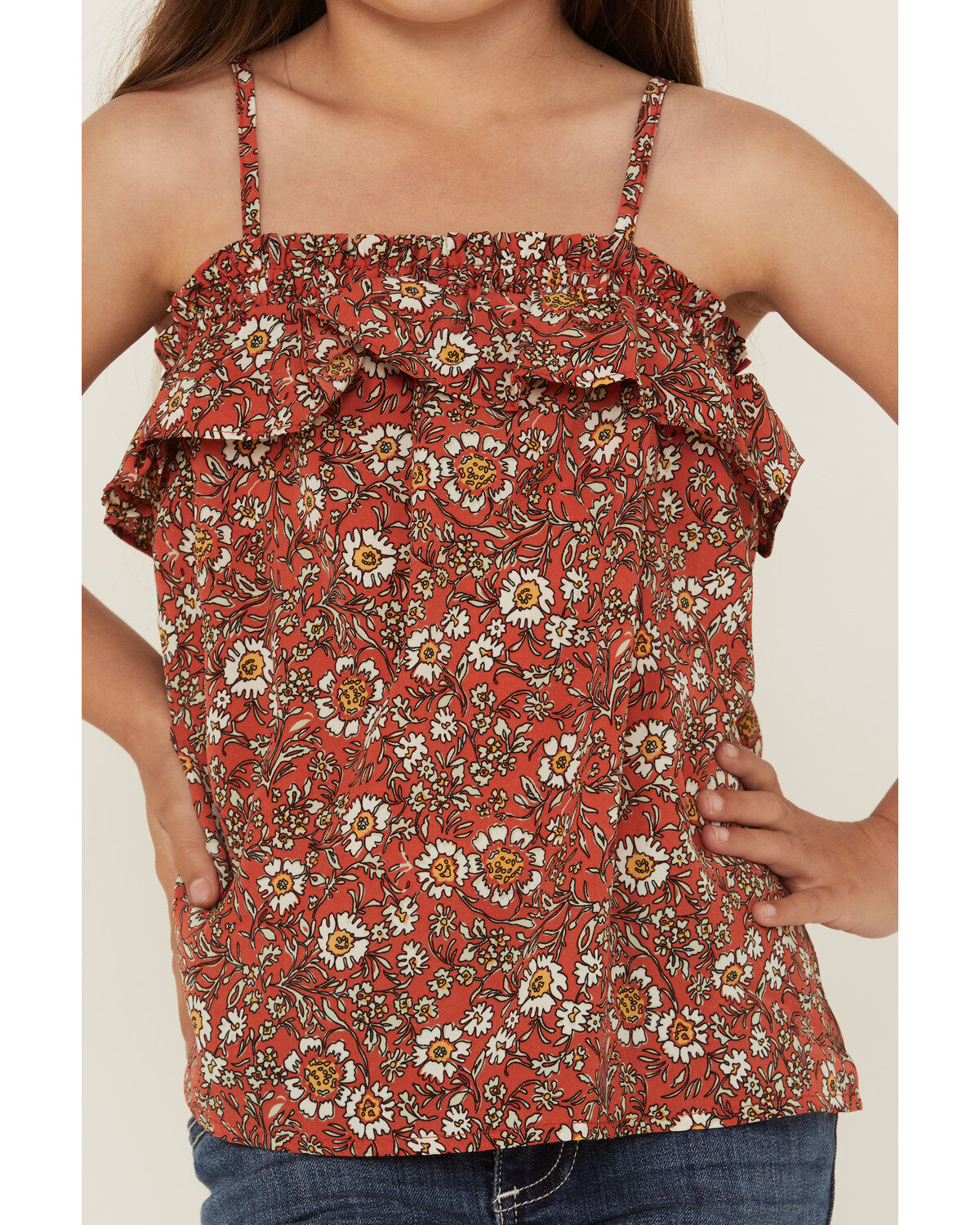 Hayden Girls' Floral Print Coral Ruffle Top