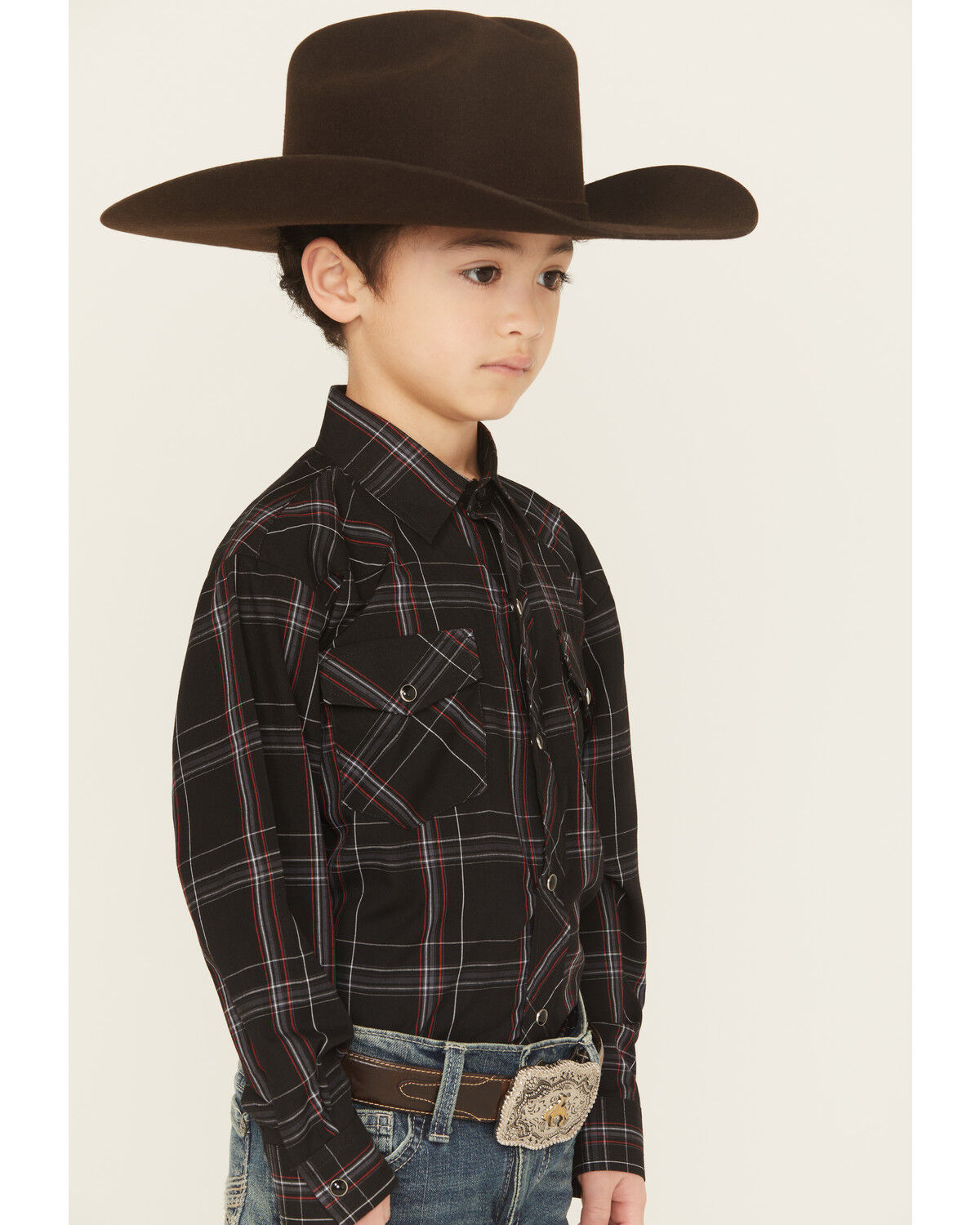 Roper Boys' Plaid Print Long Sleeve Snap Stretch Western Shirt