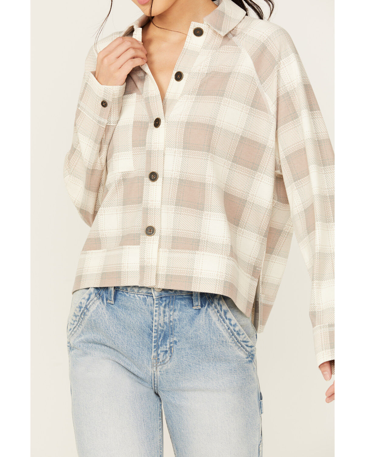 Cleo + Wolf Women's Anthony Heathered Knit Long Sleeve Cropped Shacket