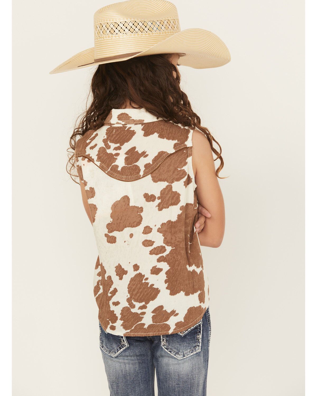 Shyanne Girls' Cow Print Sleeveless Pearl Snap Tie-Front Top