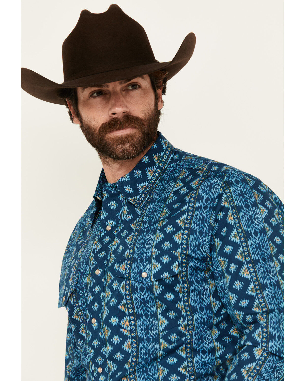 Wrangler Men's Checotah Southwestern Striped Long Sleeve Pearl Snap Western Shirt